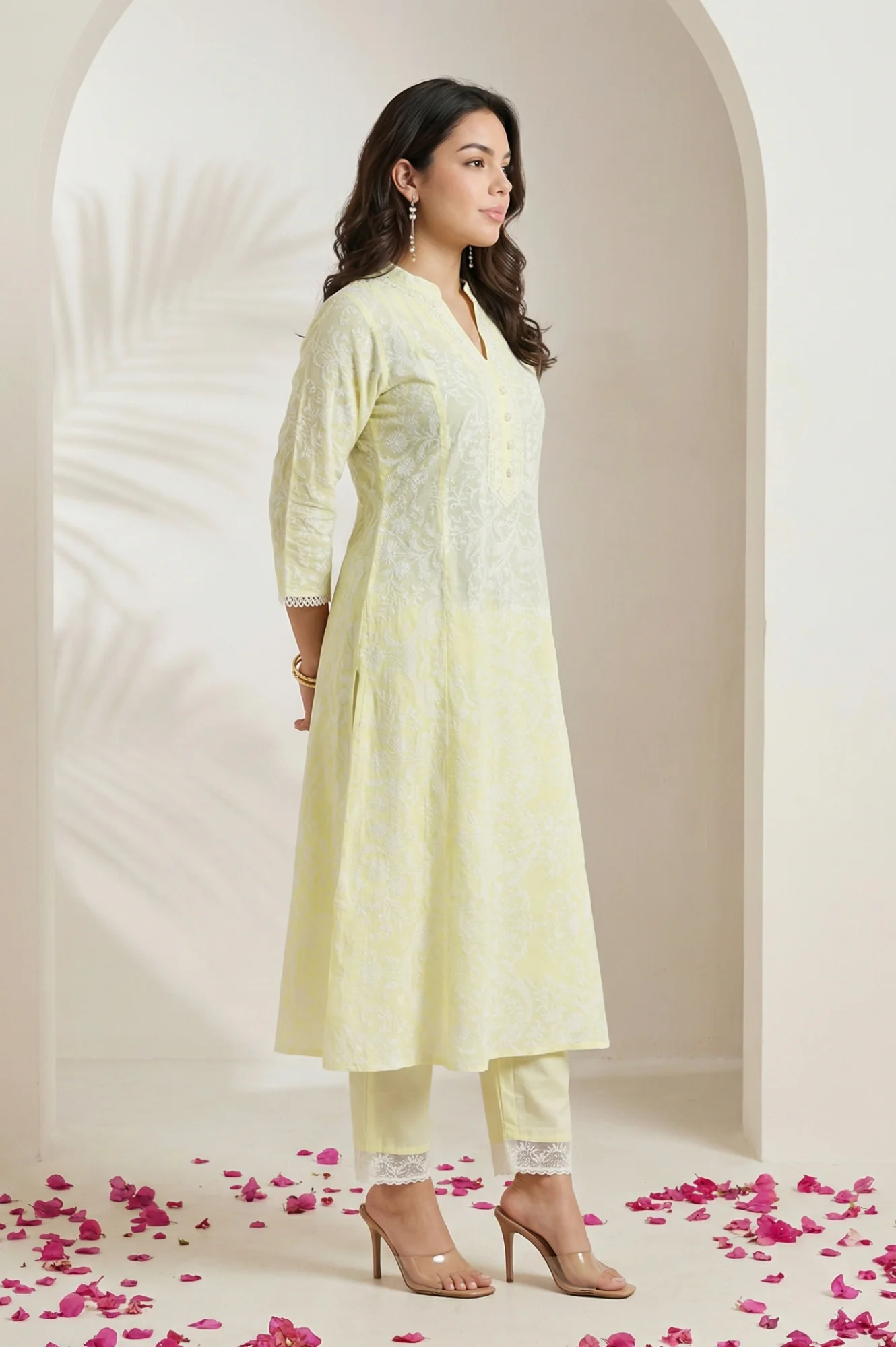 Yellow Floral Printed Lace Pure Cotton Straight Kurta with Straight Pants and Dupatta Set - Image 5