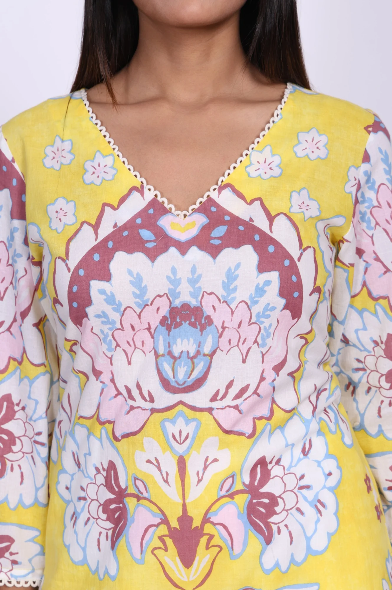 Yellow Floral Printed Lace Trim Pure Cotton Straight Kurta - Image 2