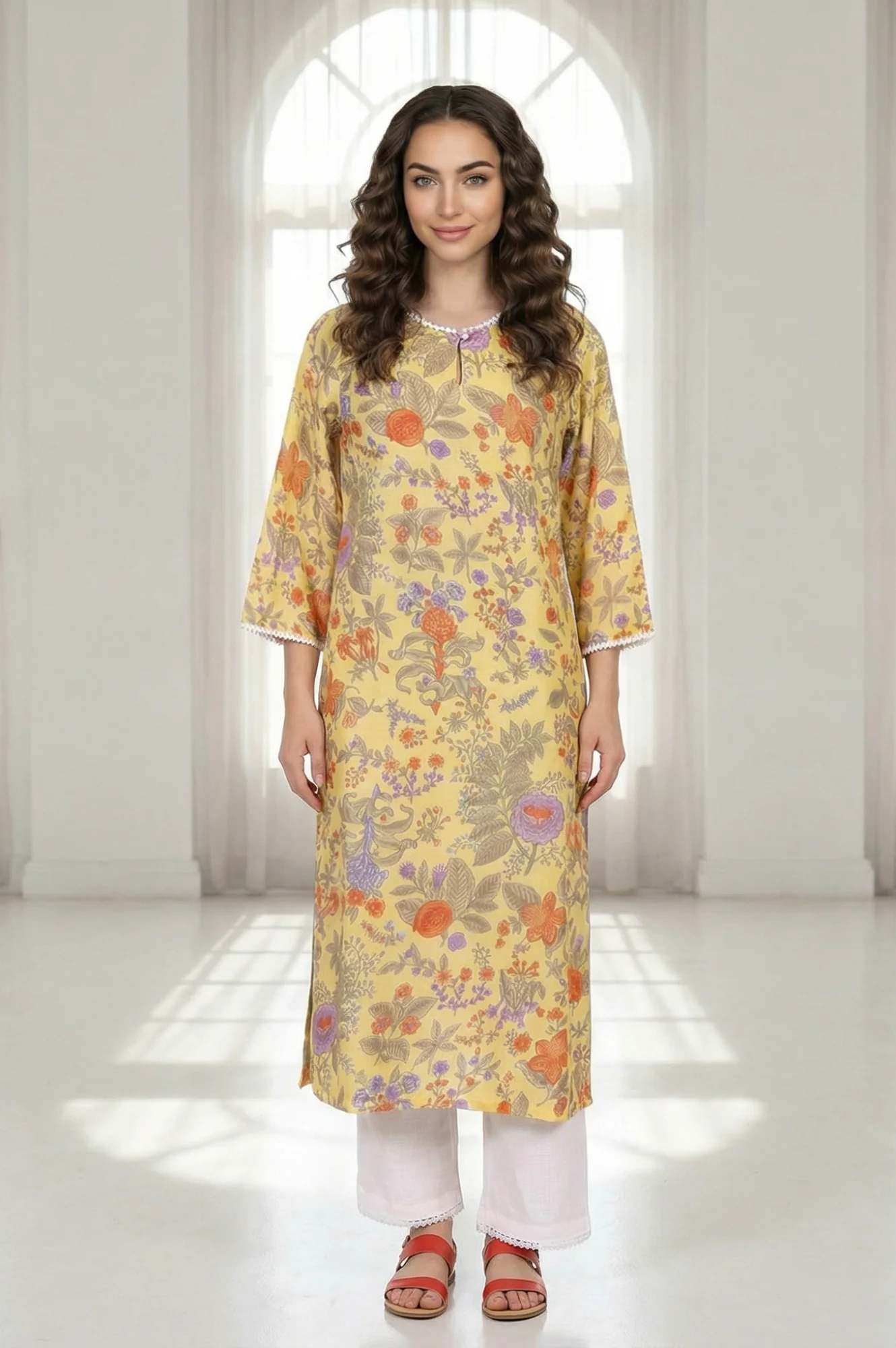 Yellow Floral Printed Pure Cotton Straight Kurta with Lace