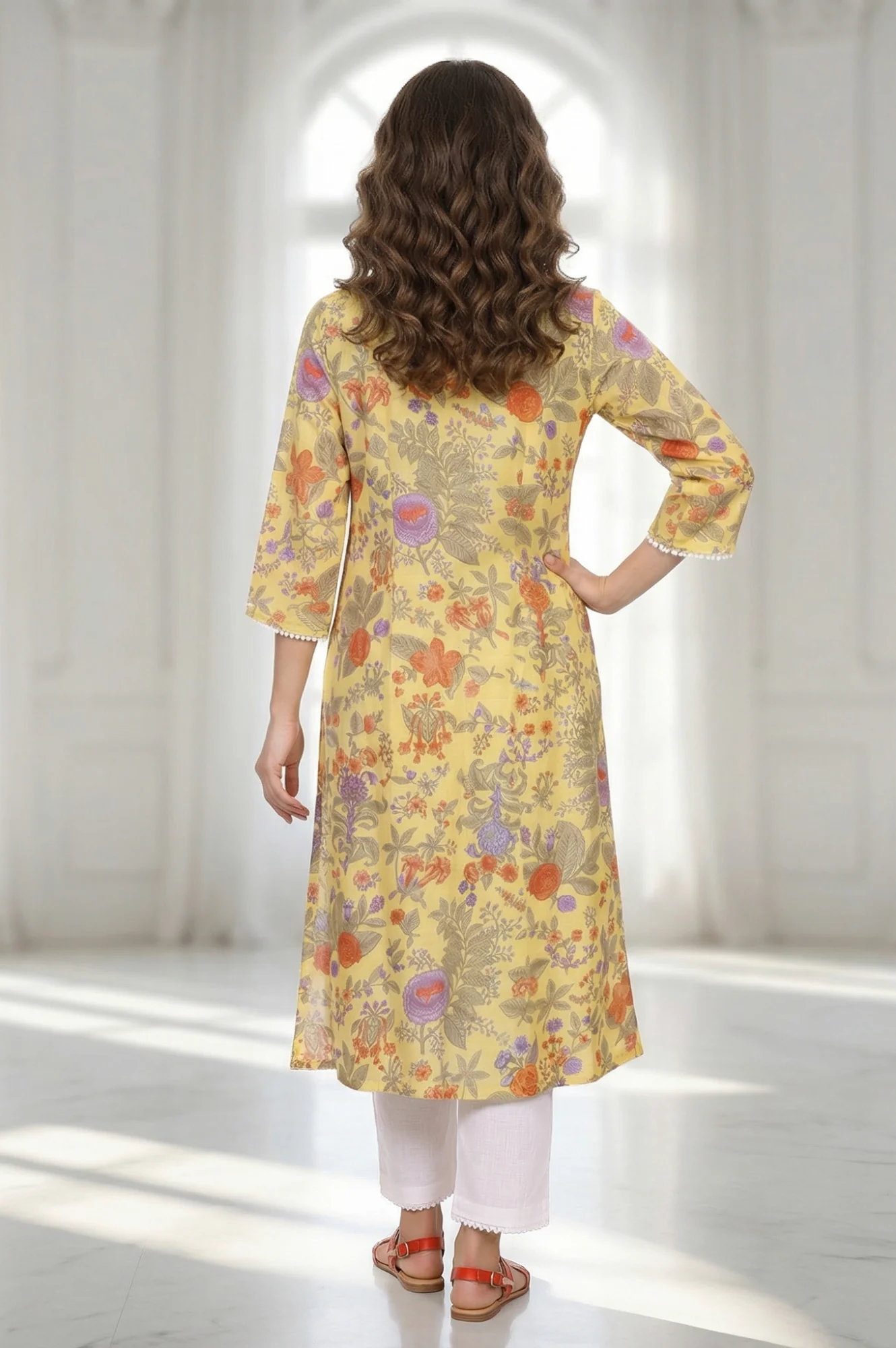 Yellow Floral Printed Pure Cotton Straight Kurta with Lace - Image 4