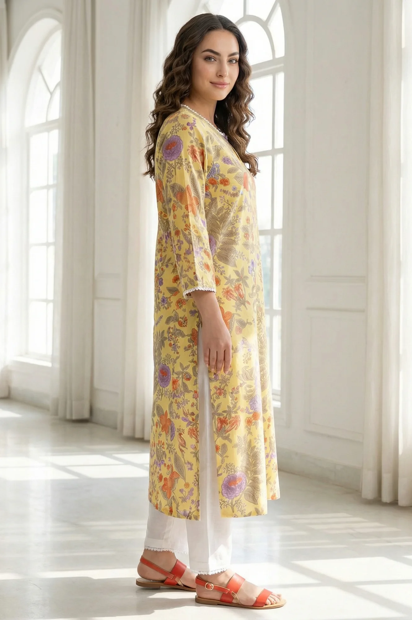 Yellow Floral Printed Pure Cotton Straight Kurta with Lace - Image 5