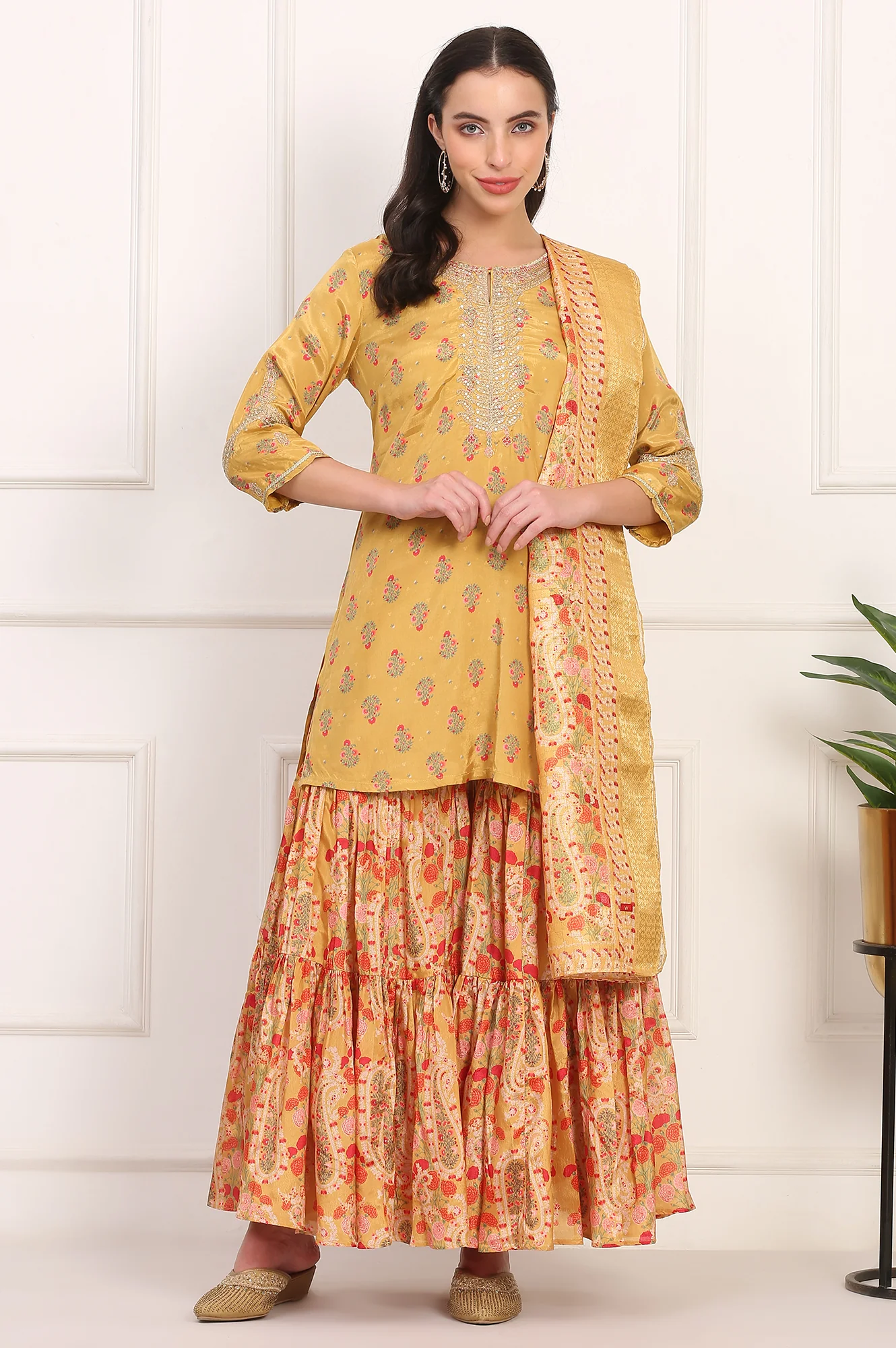 Yellow Floral Printed Metallic Embroidery Flared Kurta, Sharara and Dupatta Set