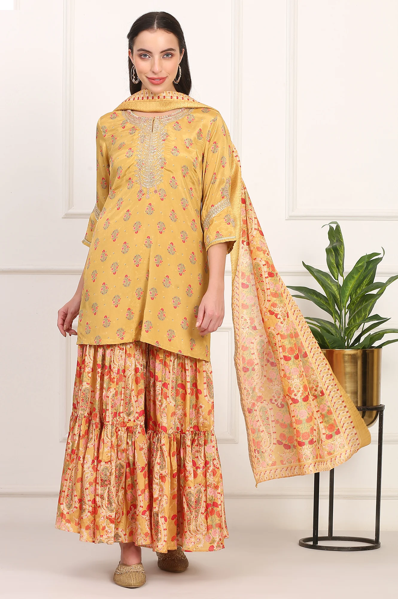 Yellow Floral Printed Metallic Embroidery Flared Kurta, Sharara and Dupatta Set - Image 2