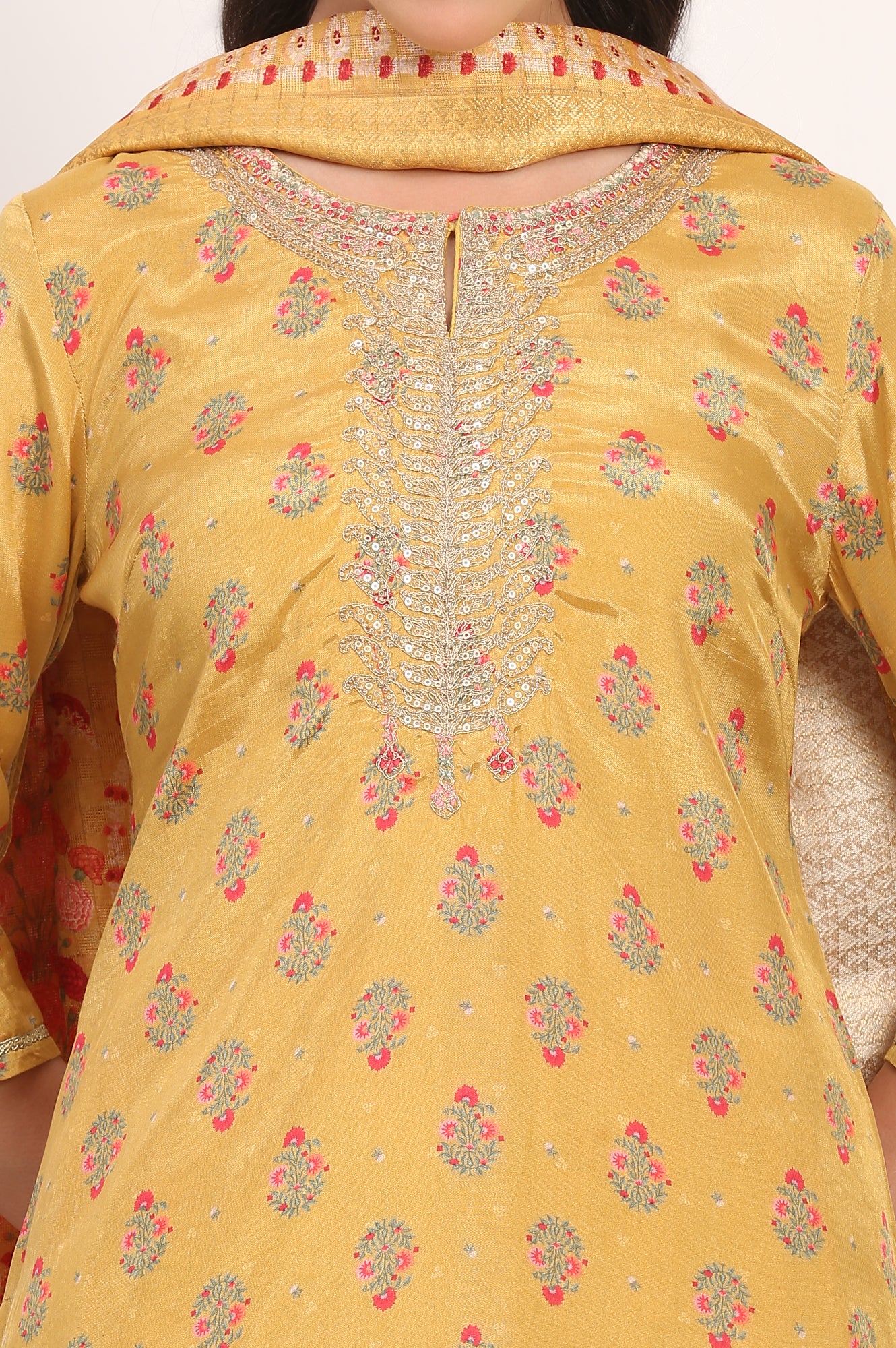 Yellow Floral Printed Metallic Embroidery Flared Kurta, Sharara and Dupatta Set - Image 3