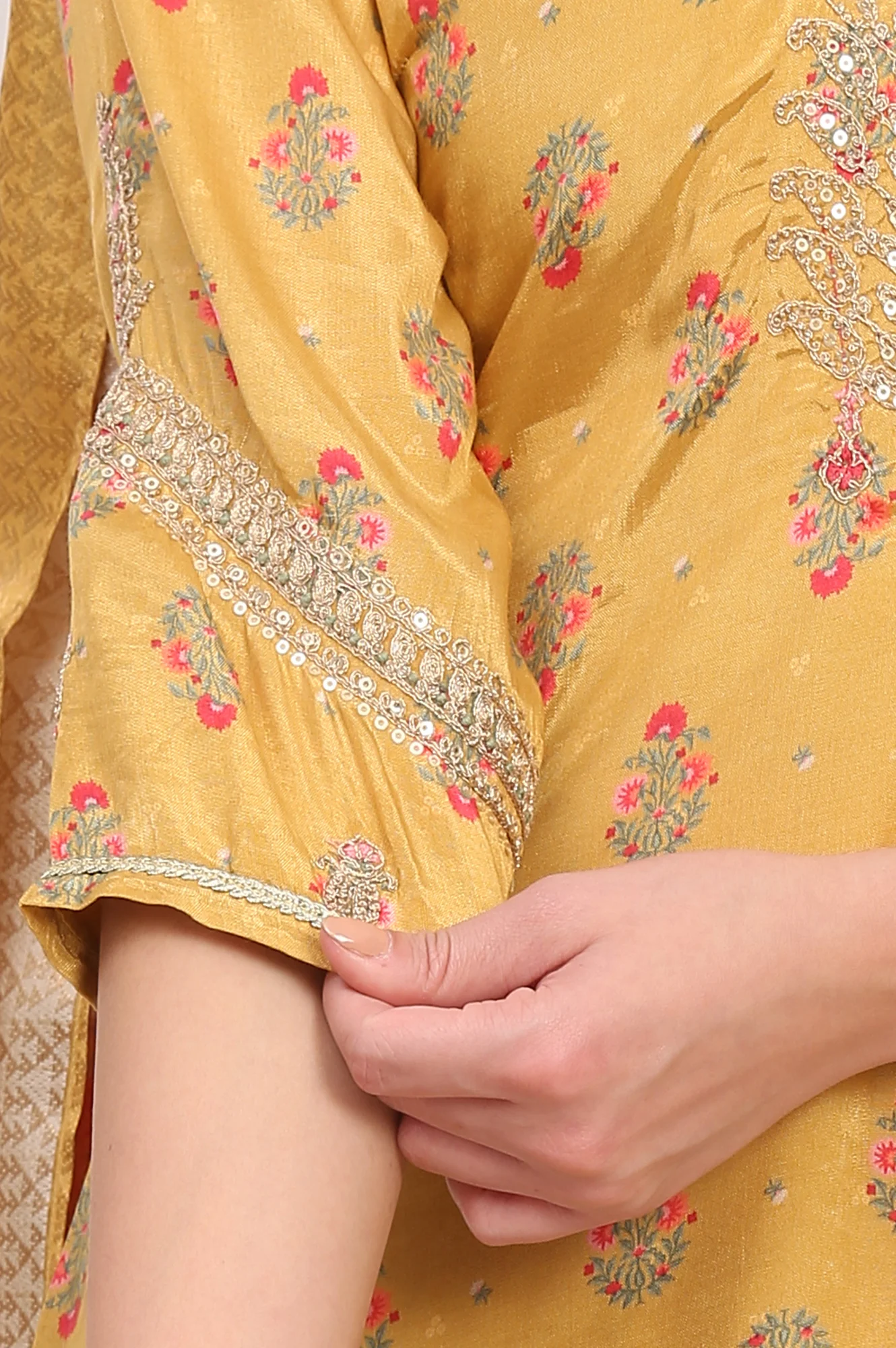 Yellow Floral Printed Metallic Embroidery Flared Kurta, Sharara and Dupatta Set - Image 7