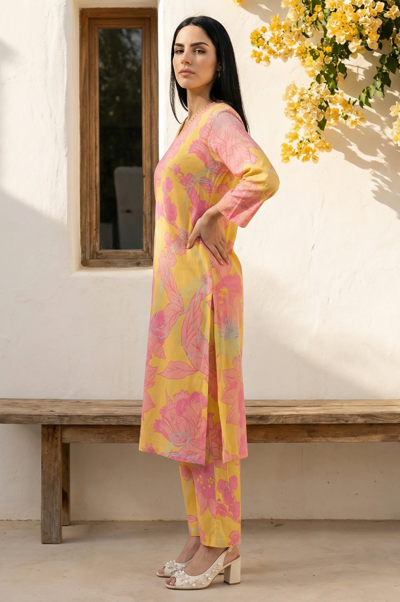 Yellow Floral Printed Modal Straight Kurta with Straight Pant Set - Image 3