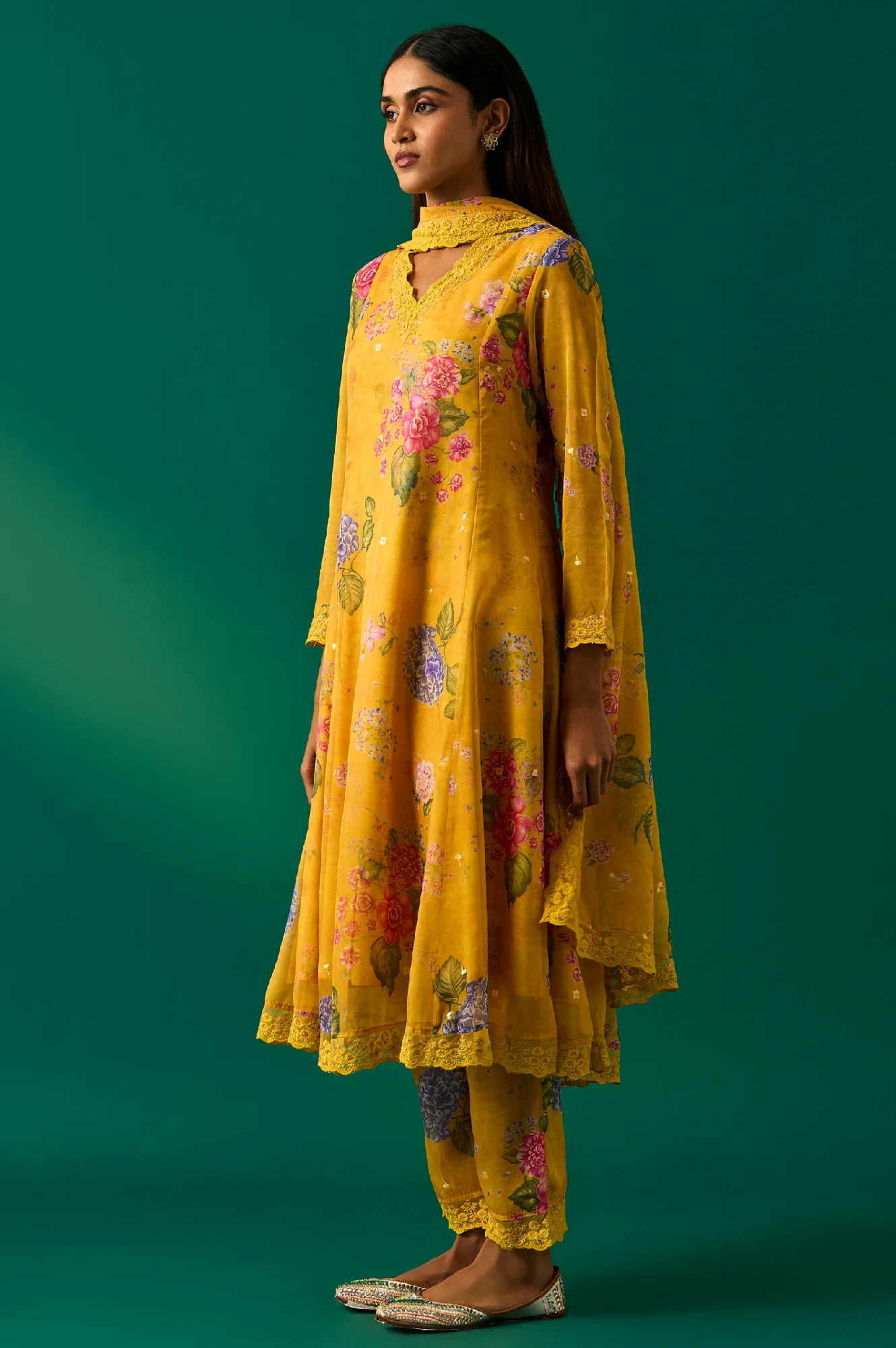 Yellow Floral Printed Organza Flared Kurta, Pants and Dupatta Set - Image 3