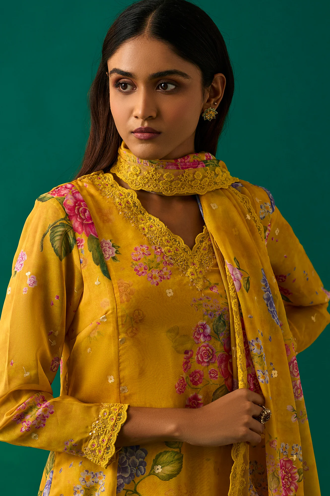 Yellow Floral Printed Organza Flared Kurta, Pants and Dupatta Set - Image 4