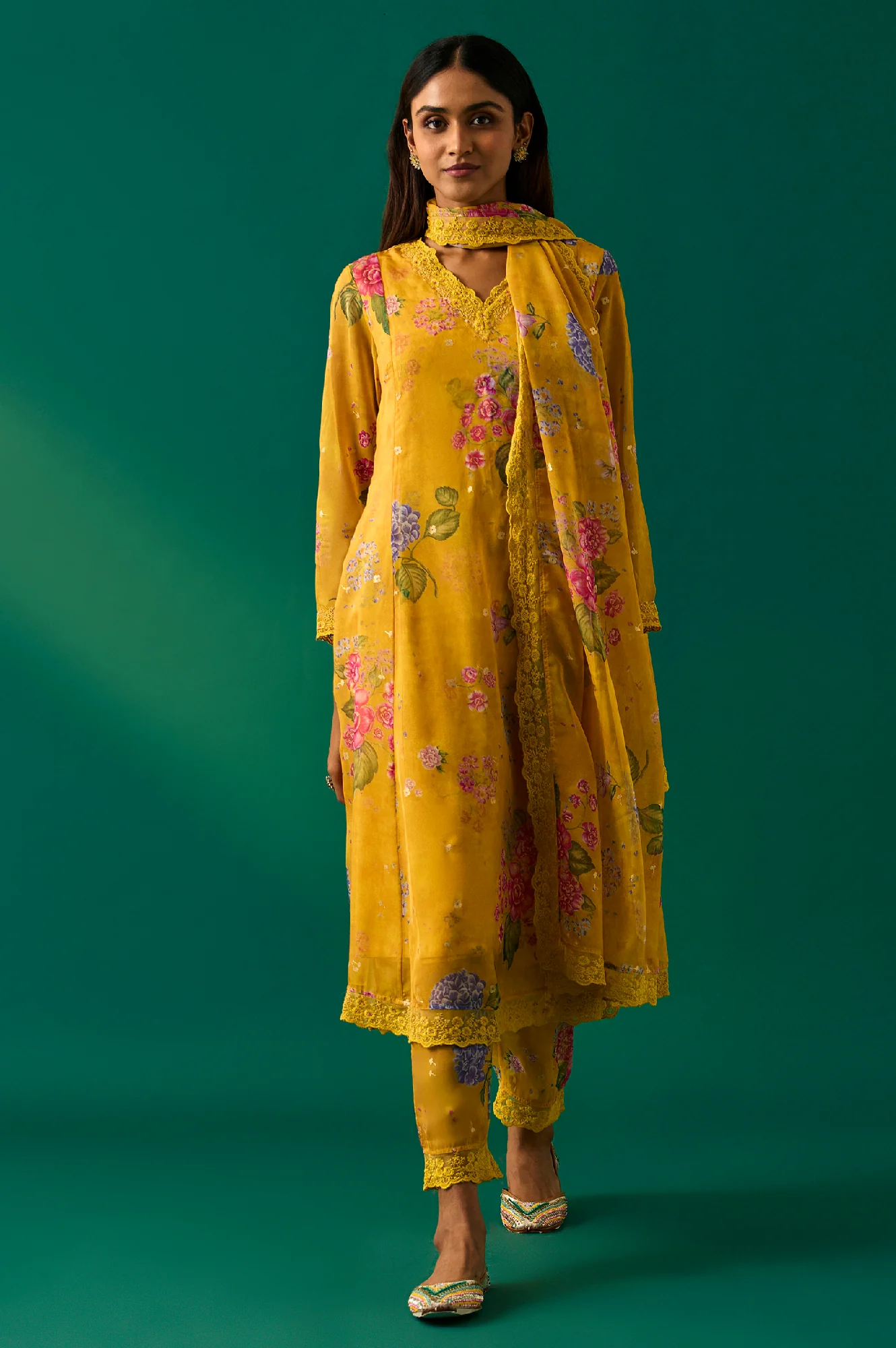 Yellow Floral Printed Organza Flared Kurta, Pants and Dupatta Set - Image 5