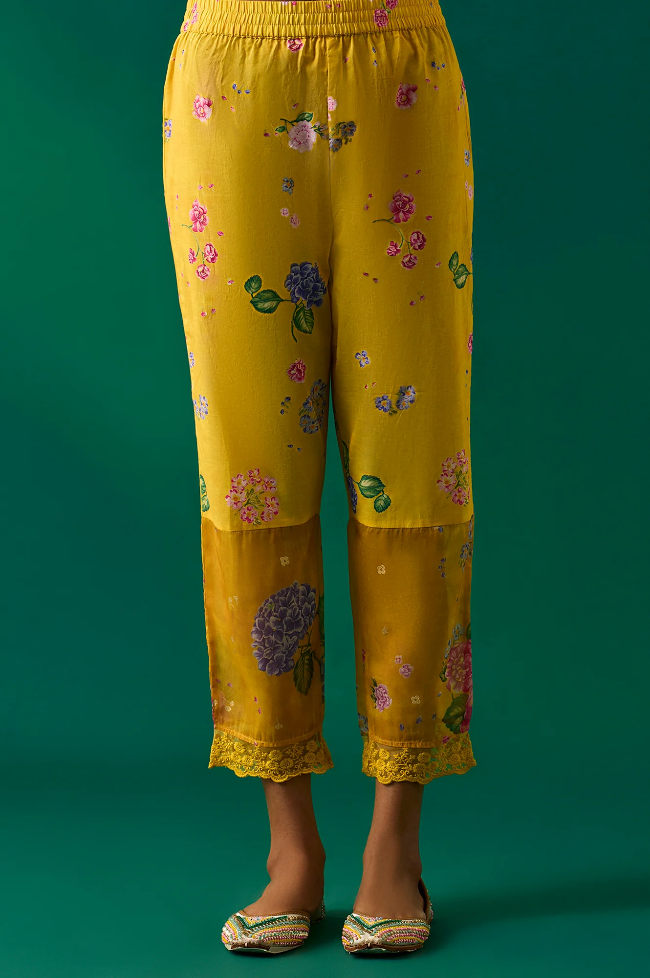 Yellow Floral Printed Organza Flared Kurta, Pants and Dupatta Set - Image 6