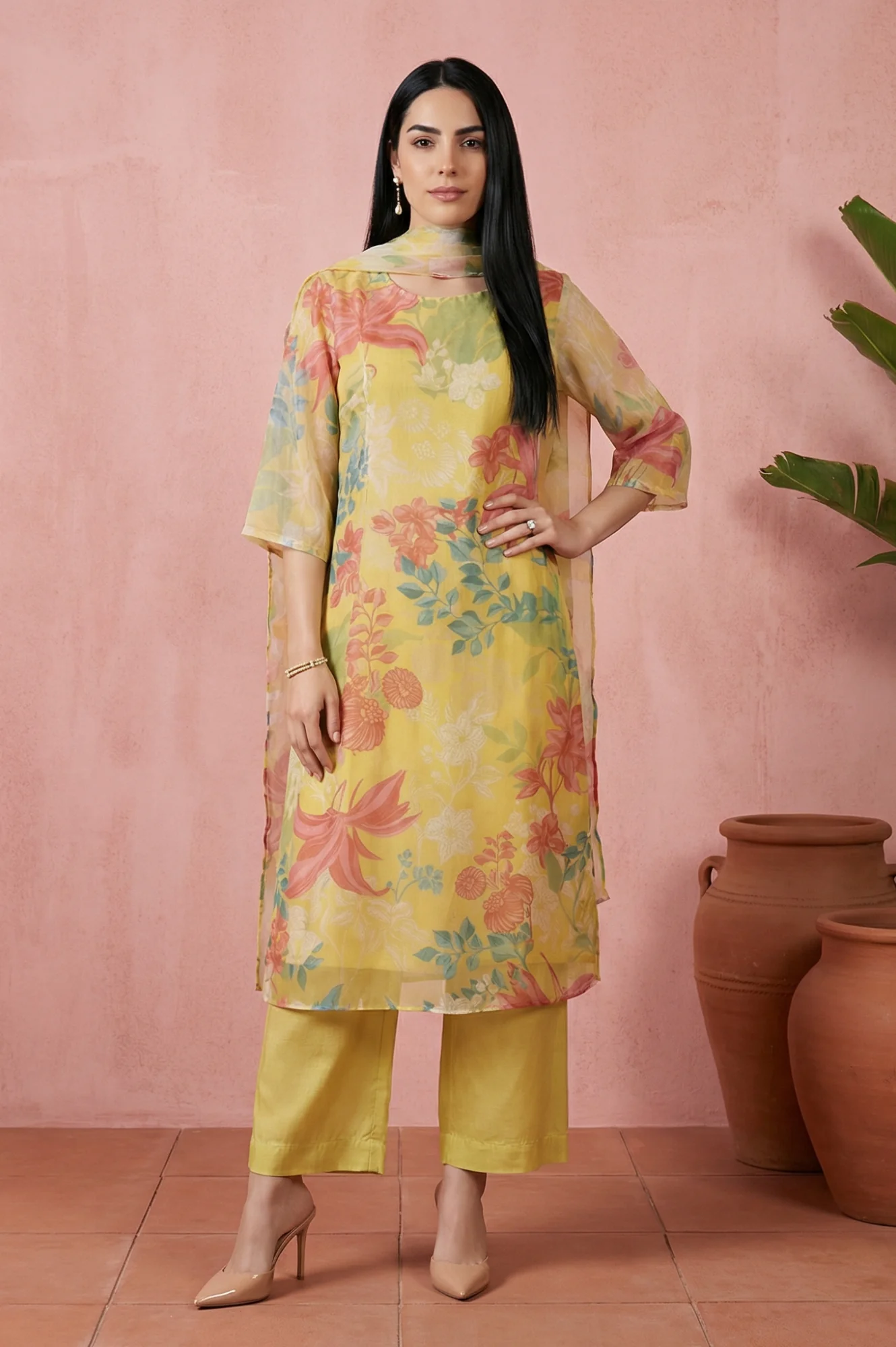 Yellow Floral Printed Organza Straight Kurta with Pants and Dupatta Set