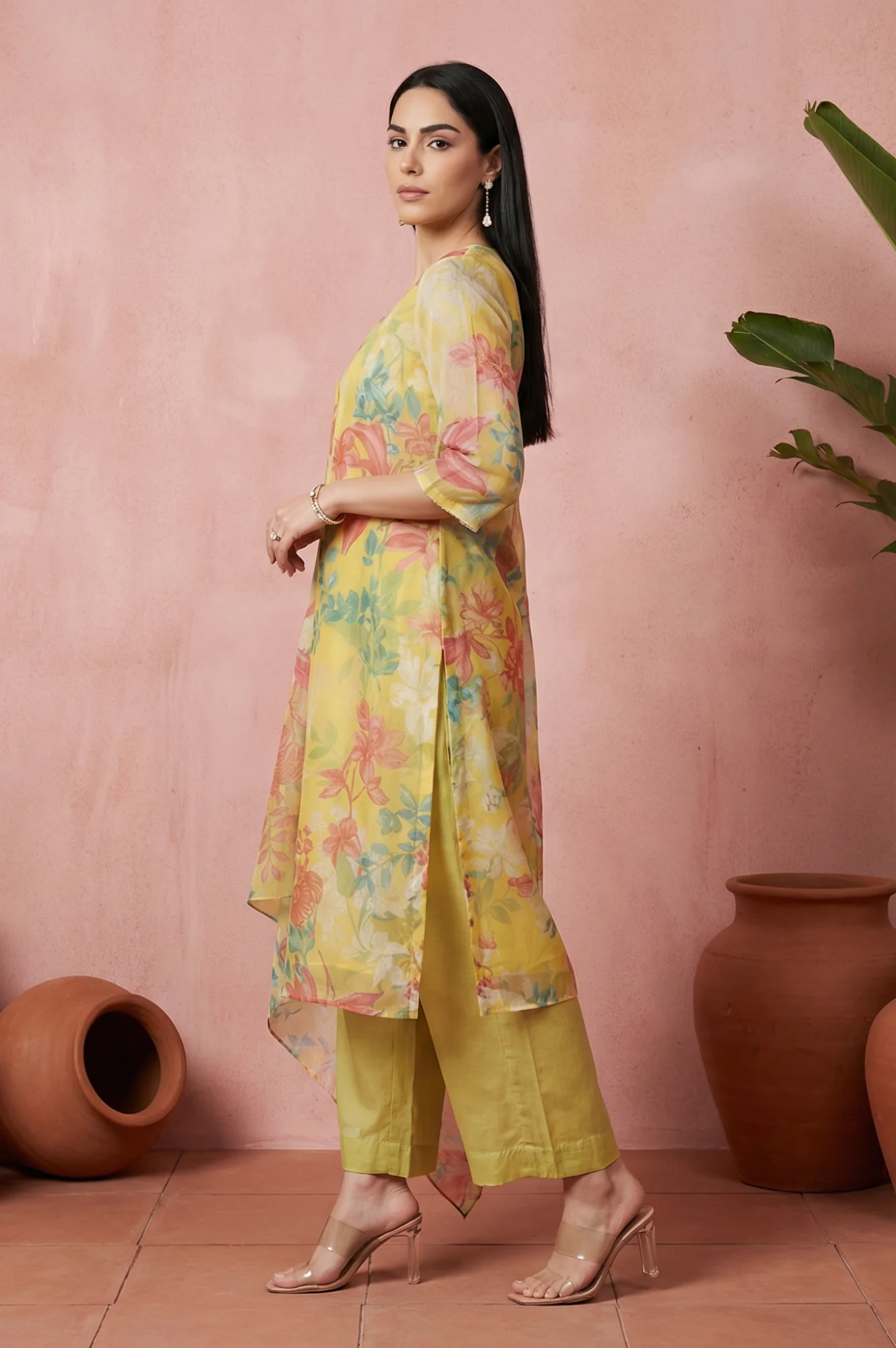Yellow Floral Printed Organza Straight Kurta with Pants and Dupatta Set - Image 3