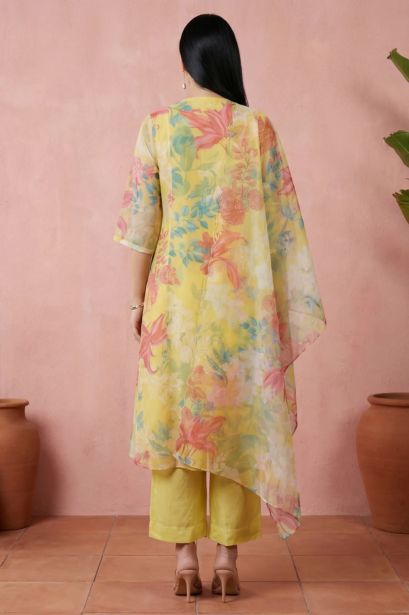 Yellow Floral Printed Organza Straight Kurta with Pants and Dupatta Set - Image 4