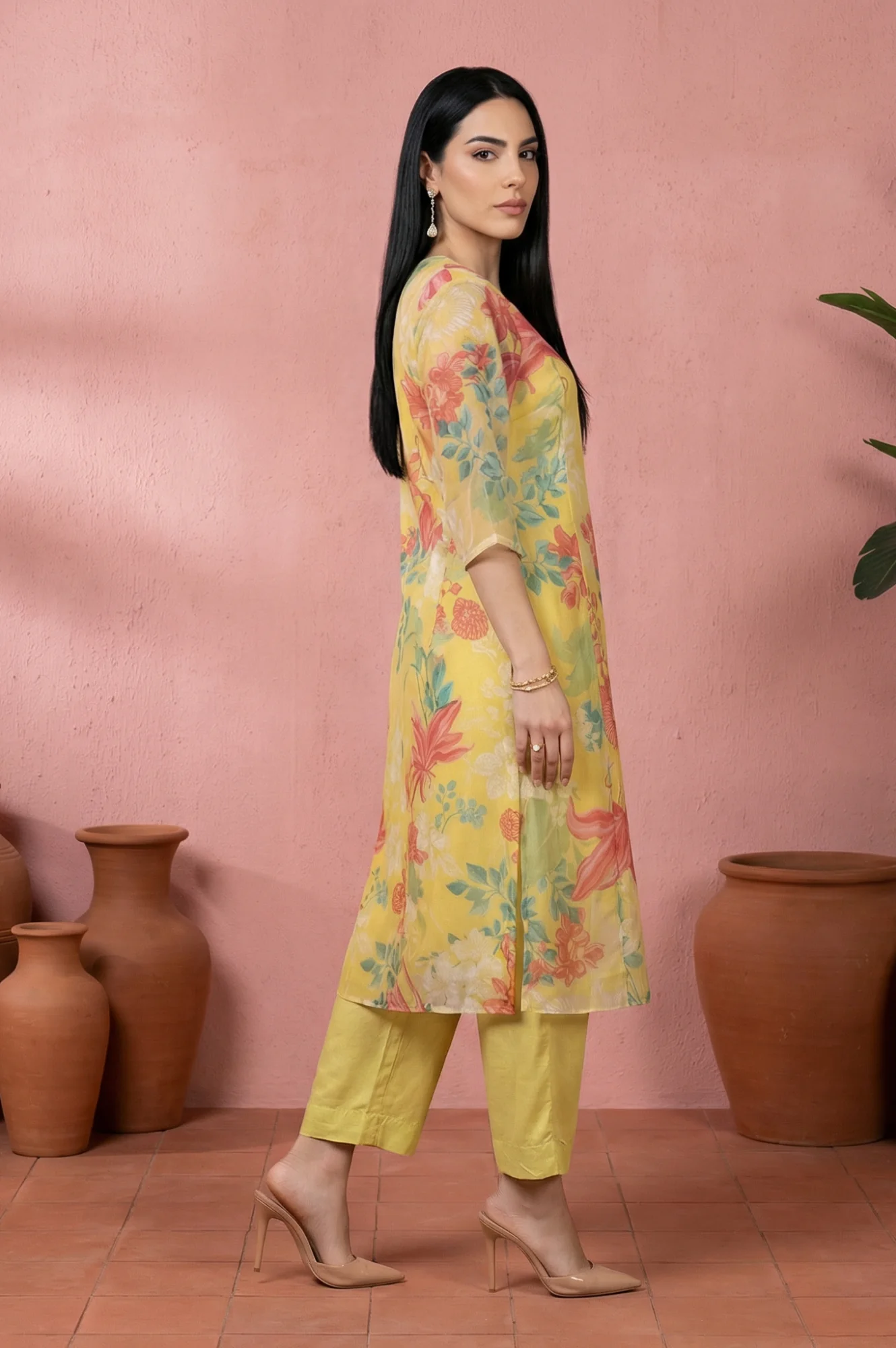 Yellow Floral Printed Organza Straight Kurta with Pants and Dupatta Set - Image 5