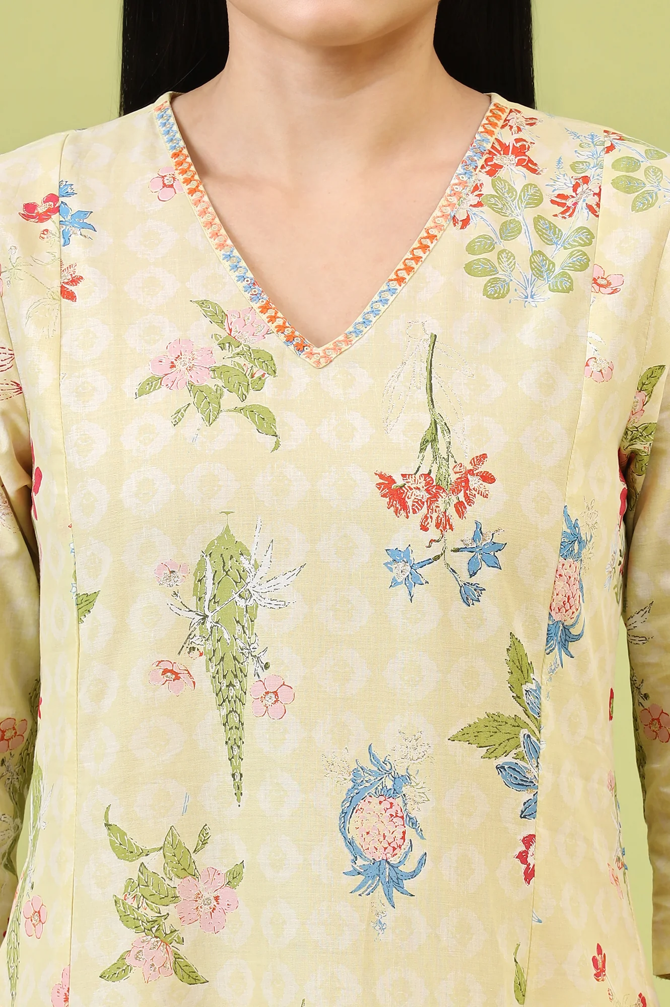 Yellow Floral Printed Pure Cotton A-line Kurta with Thread Embroidery - Image 4