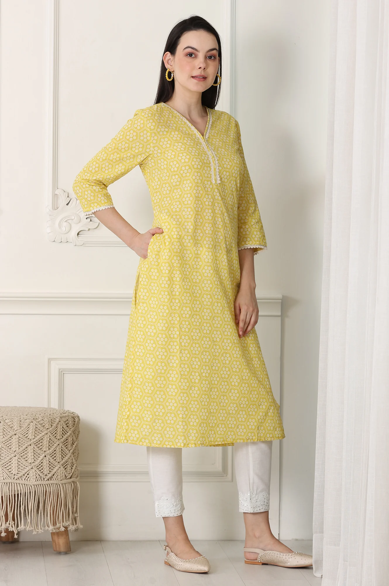 Yellow Floral Printed Pure Cotton Soft & Breathable Kurta With Lace - Image 6