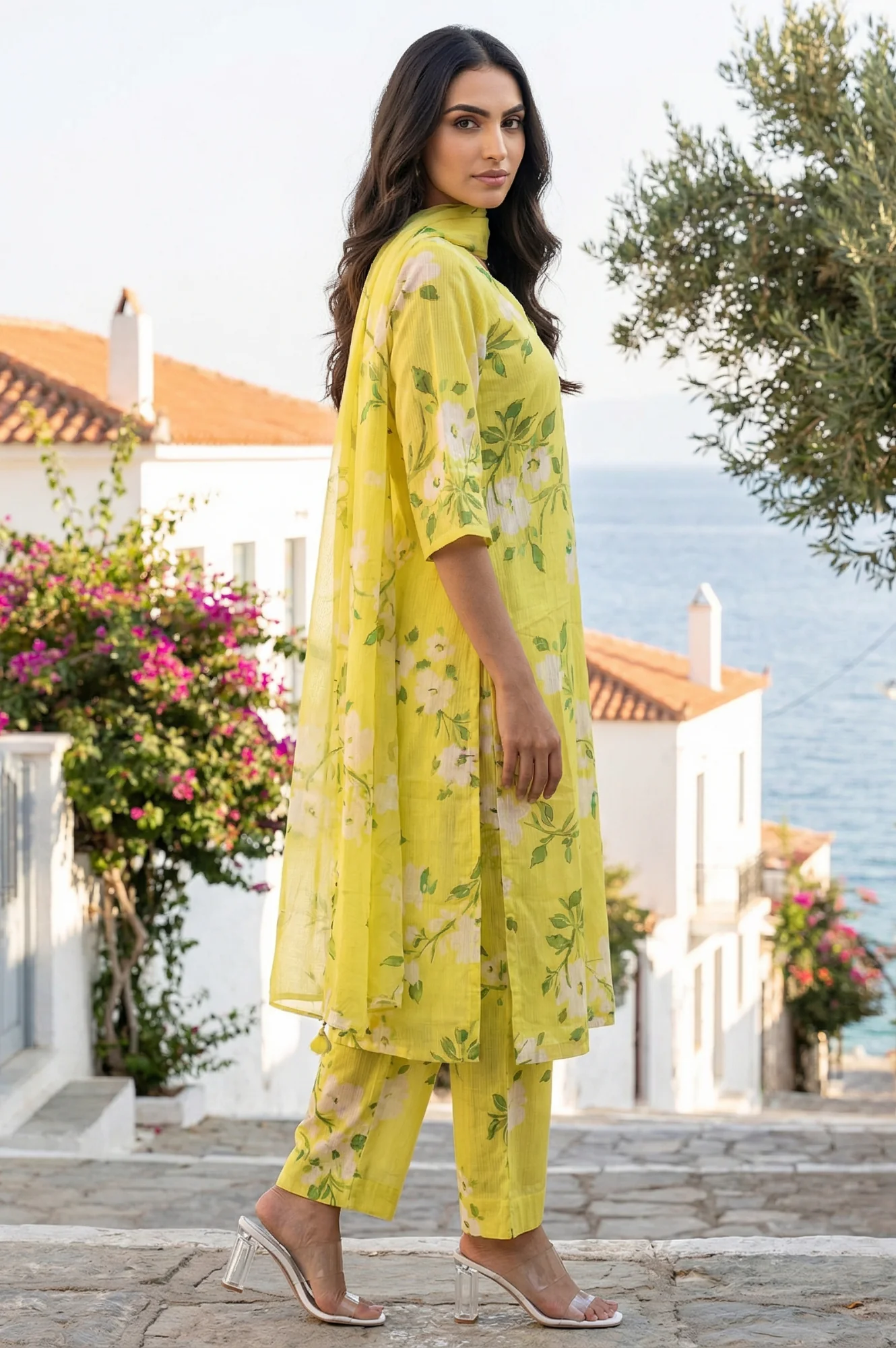 Yellow Floral Printed Pure Cotton Straight Kurta with Pants and Dupatta Set - Image 3