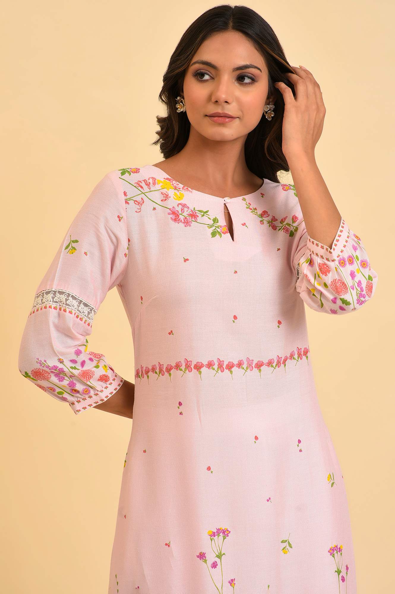 Yellow Floral Printed Rayon Flax A-Line Kurta with Slim Pant Set - Image 2