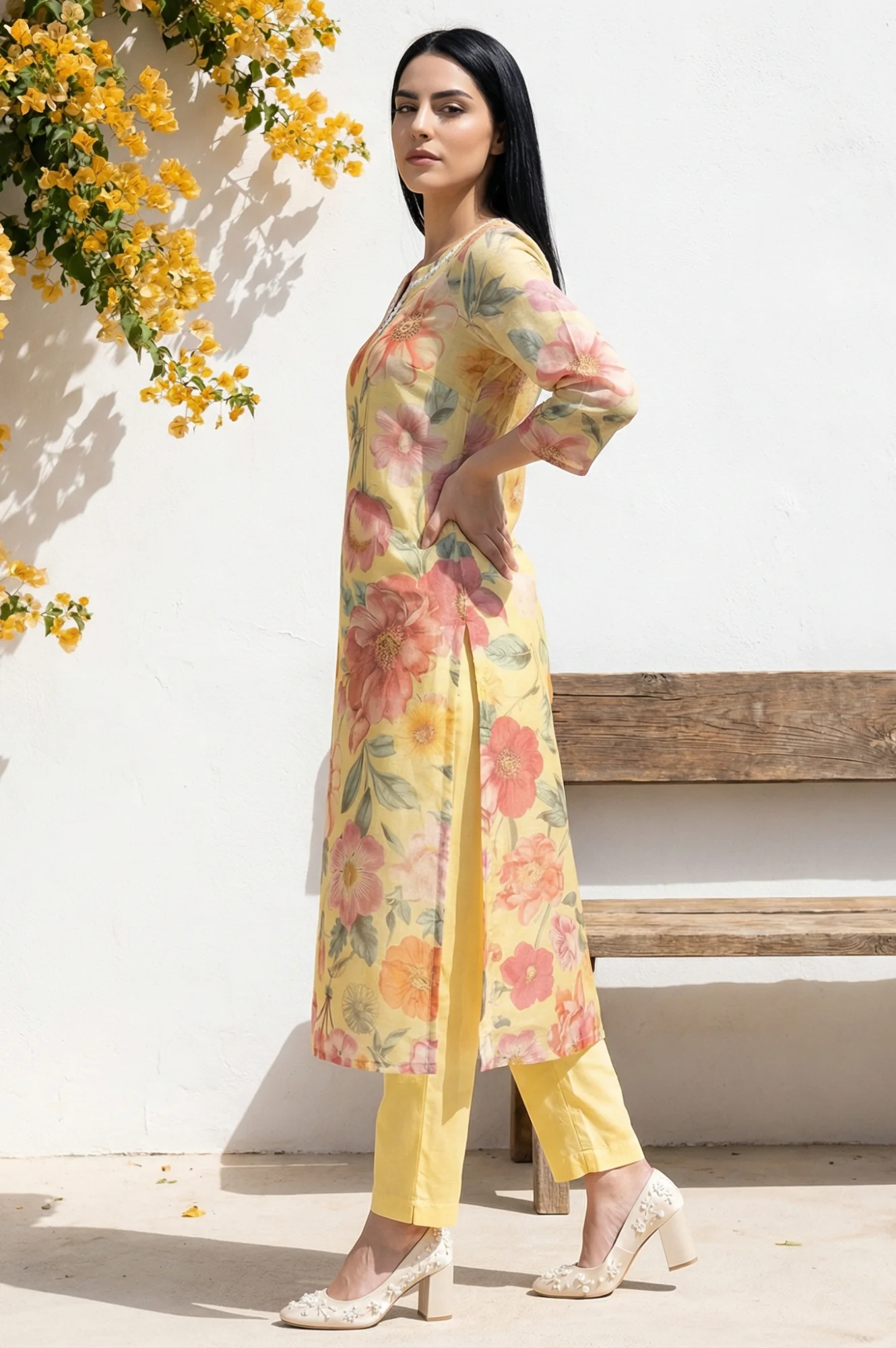Yellow Floral Printed Sequins Straight Kurta - Image 4