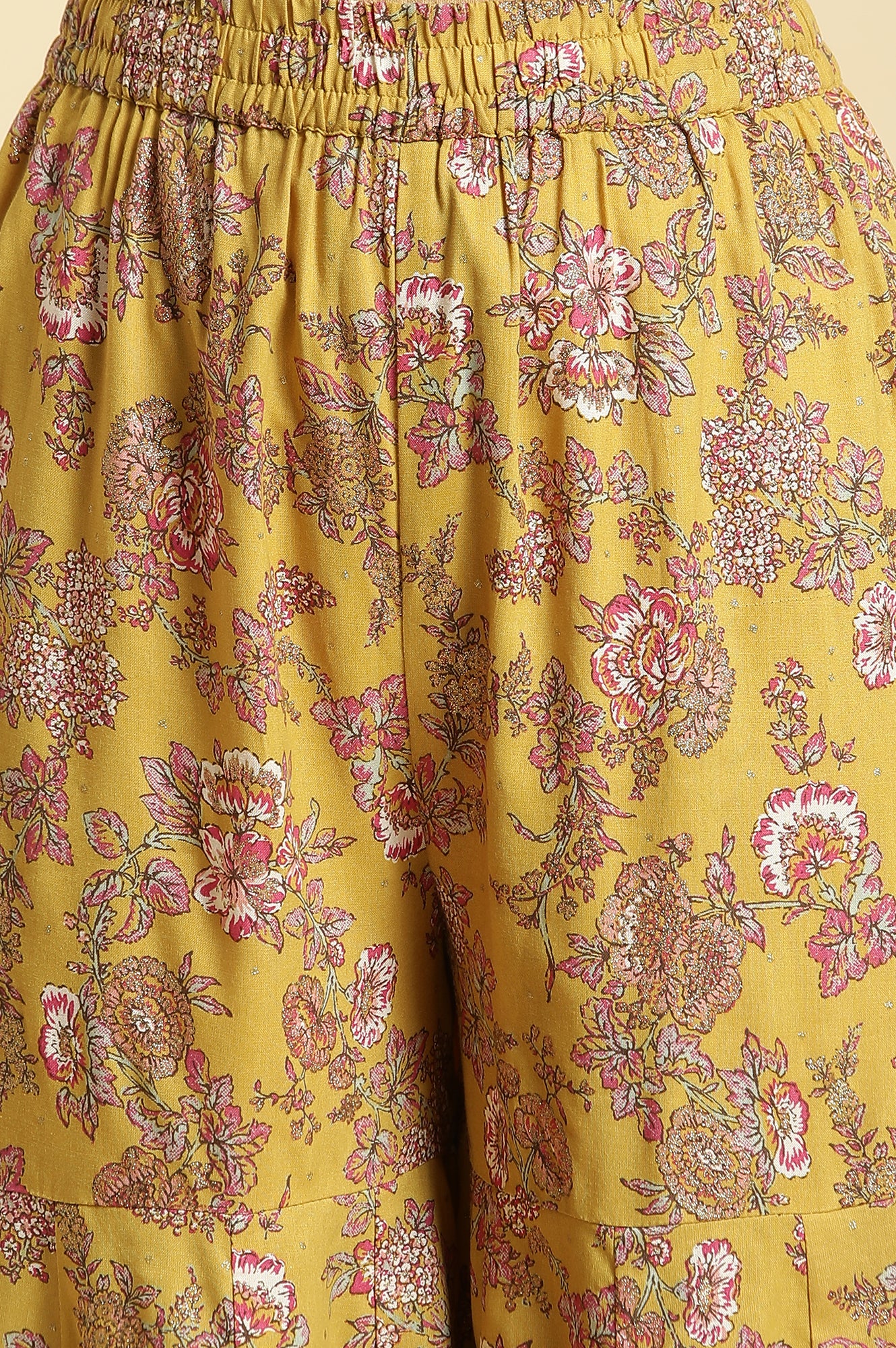 Yellow Floral Printed Short Flared Kurta, Sharara and Dupatta Set - Image 10