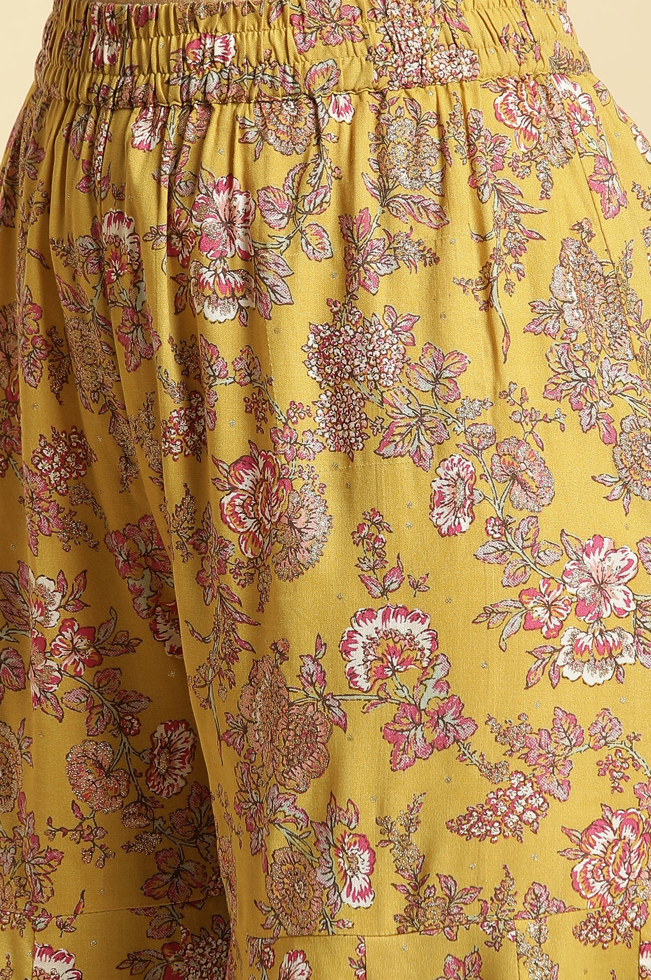 Yellow Floral Printed Short Flared Kurta, Sharara and Dupatta Set - Image 11