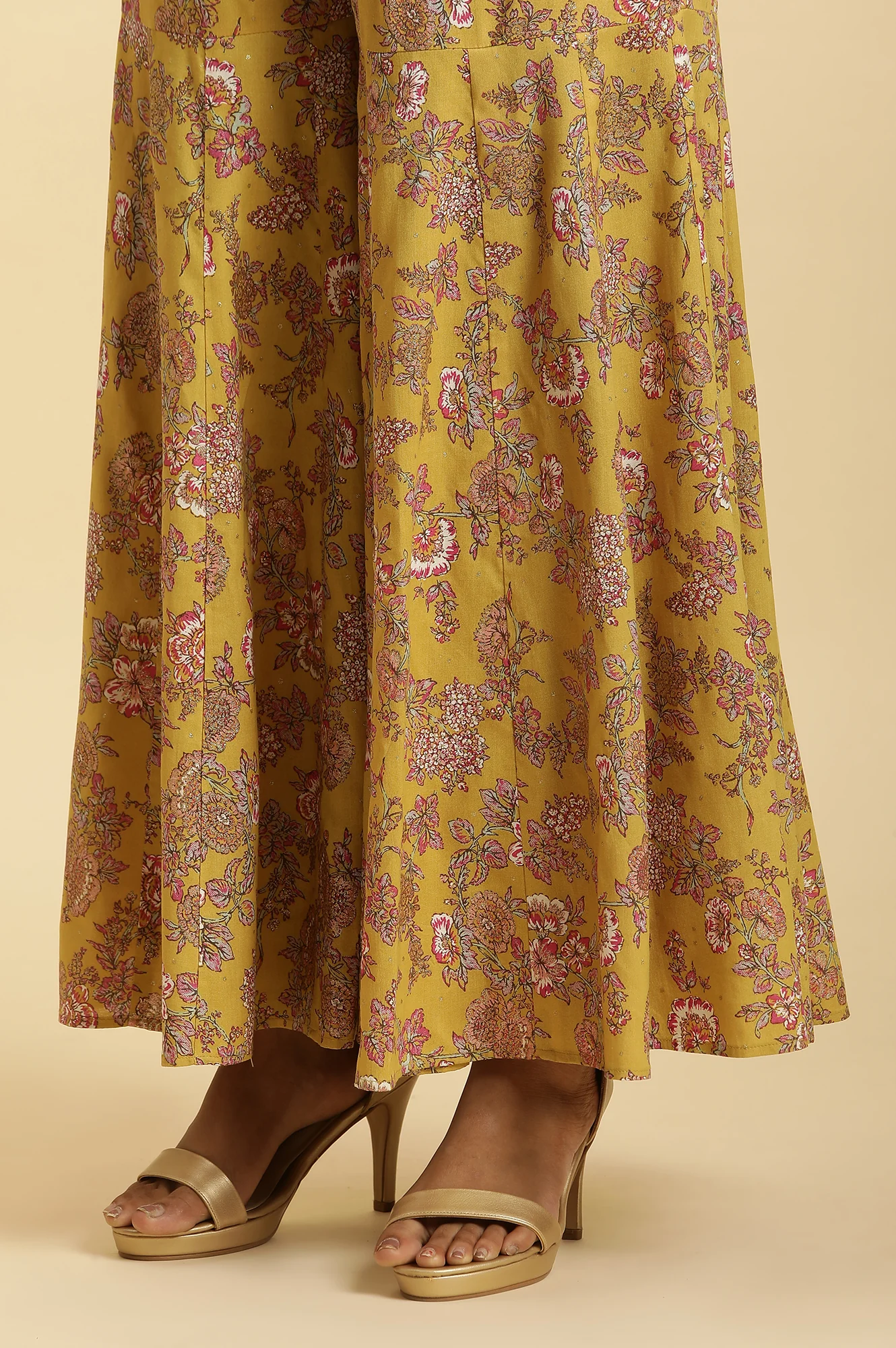 Yellow Floral Printed Short Flared Kurta, Sharara and Dupatta Set - Image 12