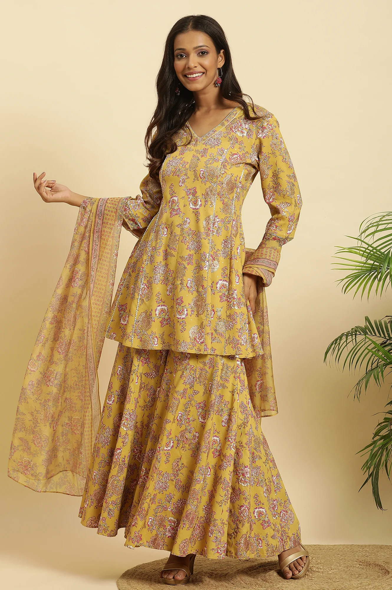 Yellow Floral Printed Short Flared Kurta, Sharara and Dupatta Set - Image 2