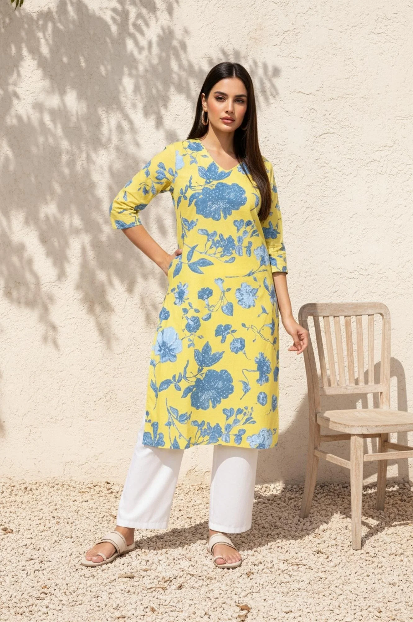 Yellow Floral Printed Straight Cotton Kurta - Image 2