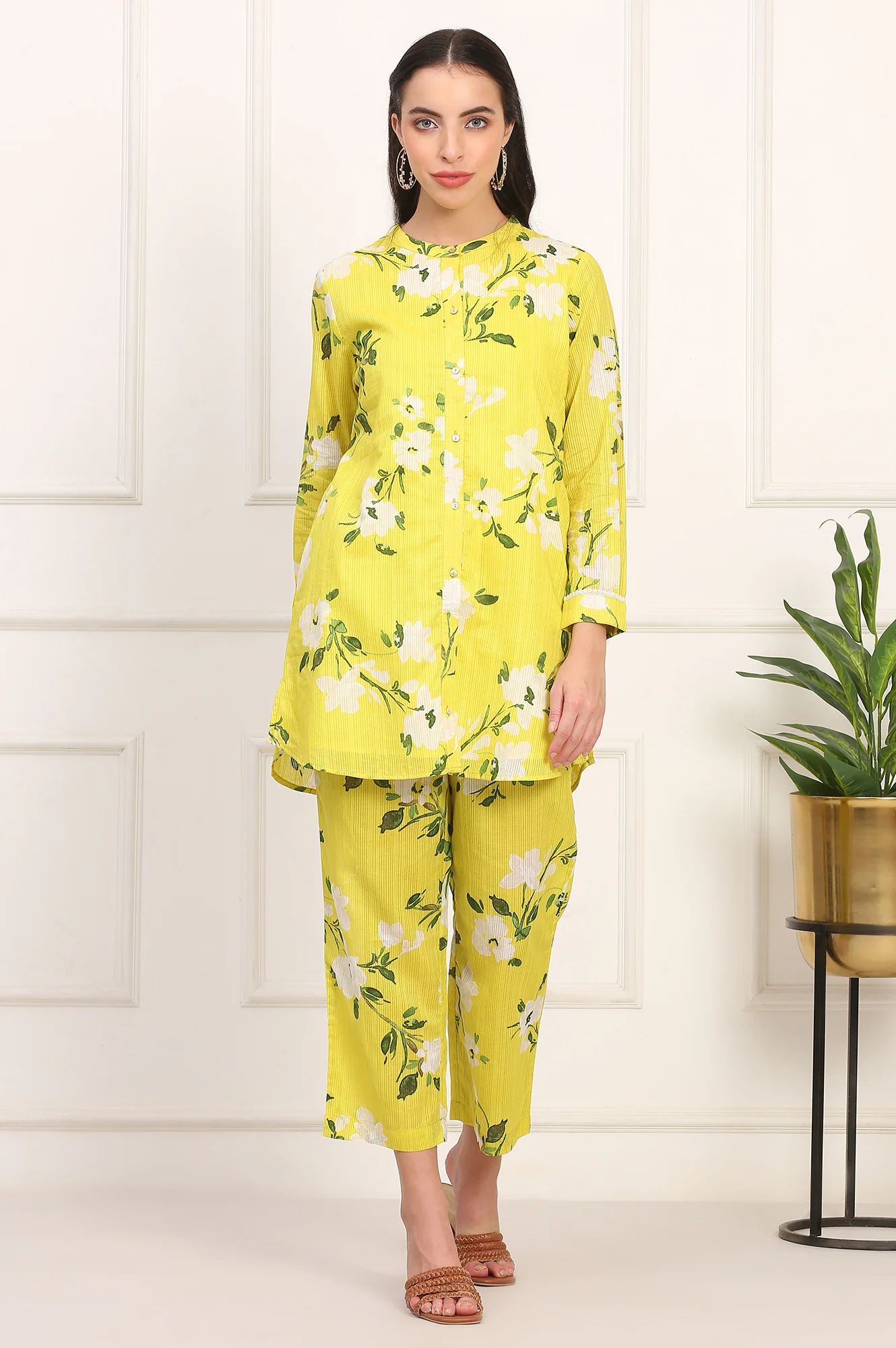Yellow Floral Printed Straight Cotton Stripe Tunic and Pants Co-ord Set - Image 2