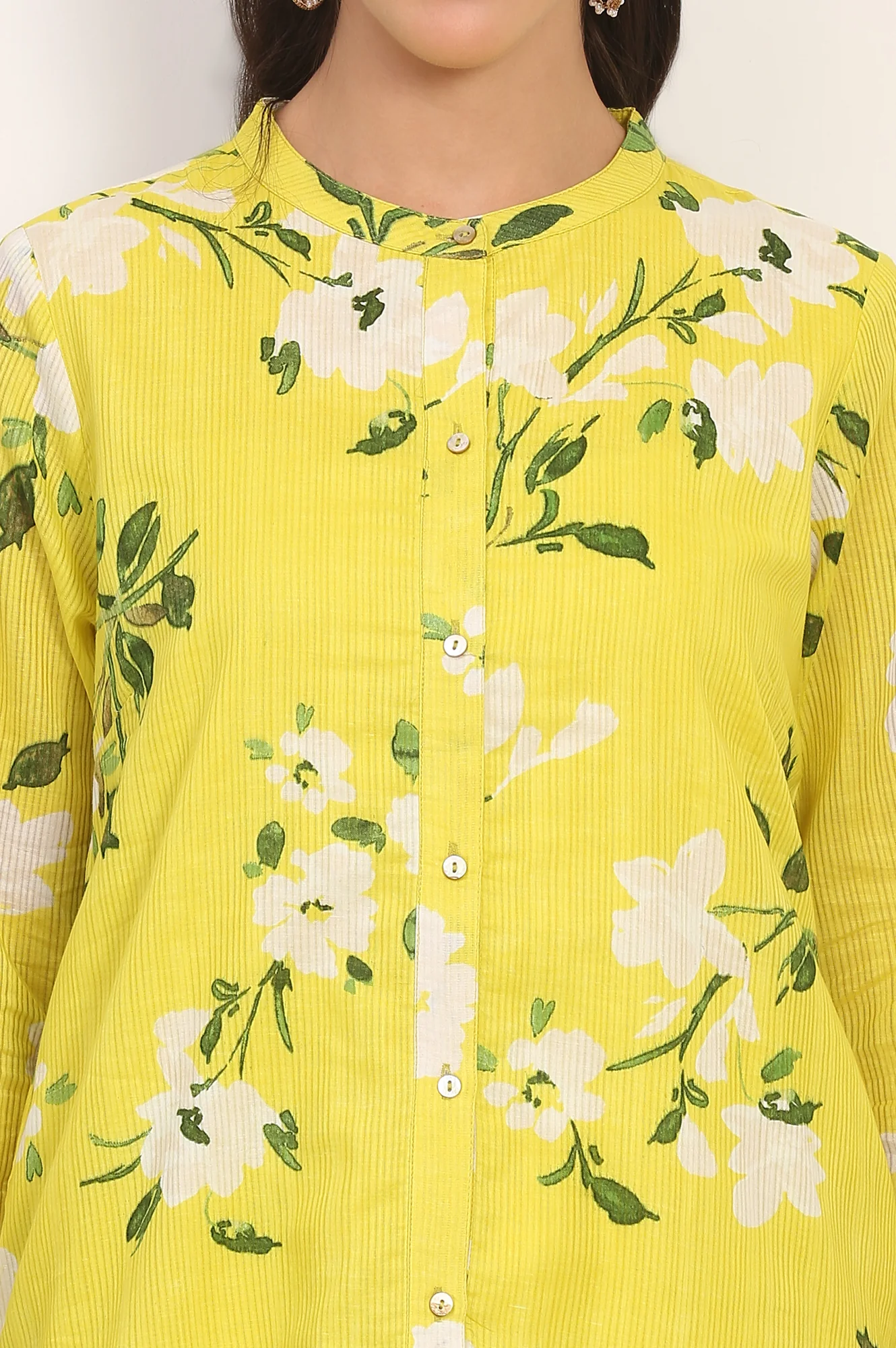 Yellow Floral Printed Straight Cotton Stripe Tunic and Pants Co-ord Set - Image 3