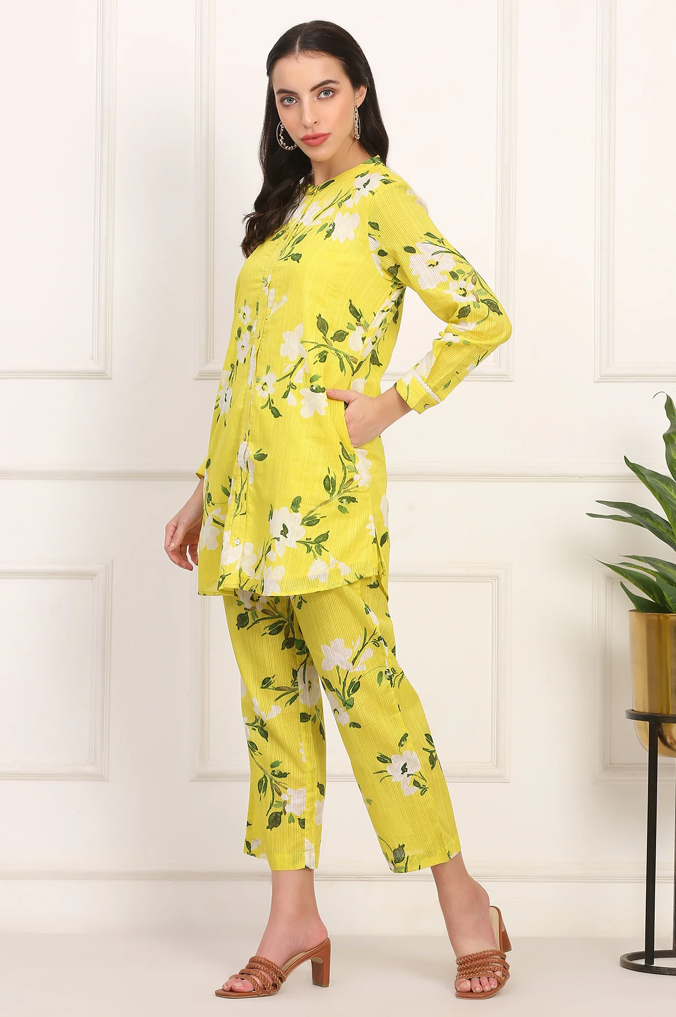 Yellow Floral Printed Straight Cotton Stripe Tunic and Pants Co-ord Set - Image 4