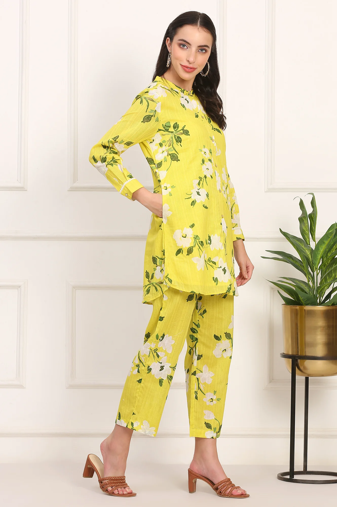 Yellow Floral Printed Straight Cotton Stripe Tunic and Pants Co-ord Set - Image 6