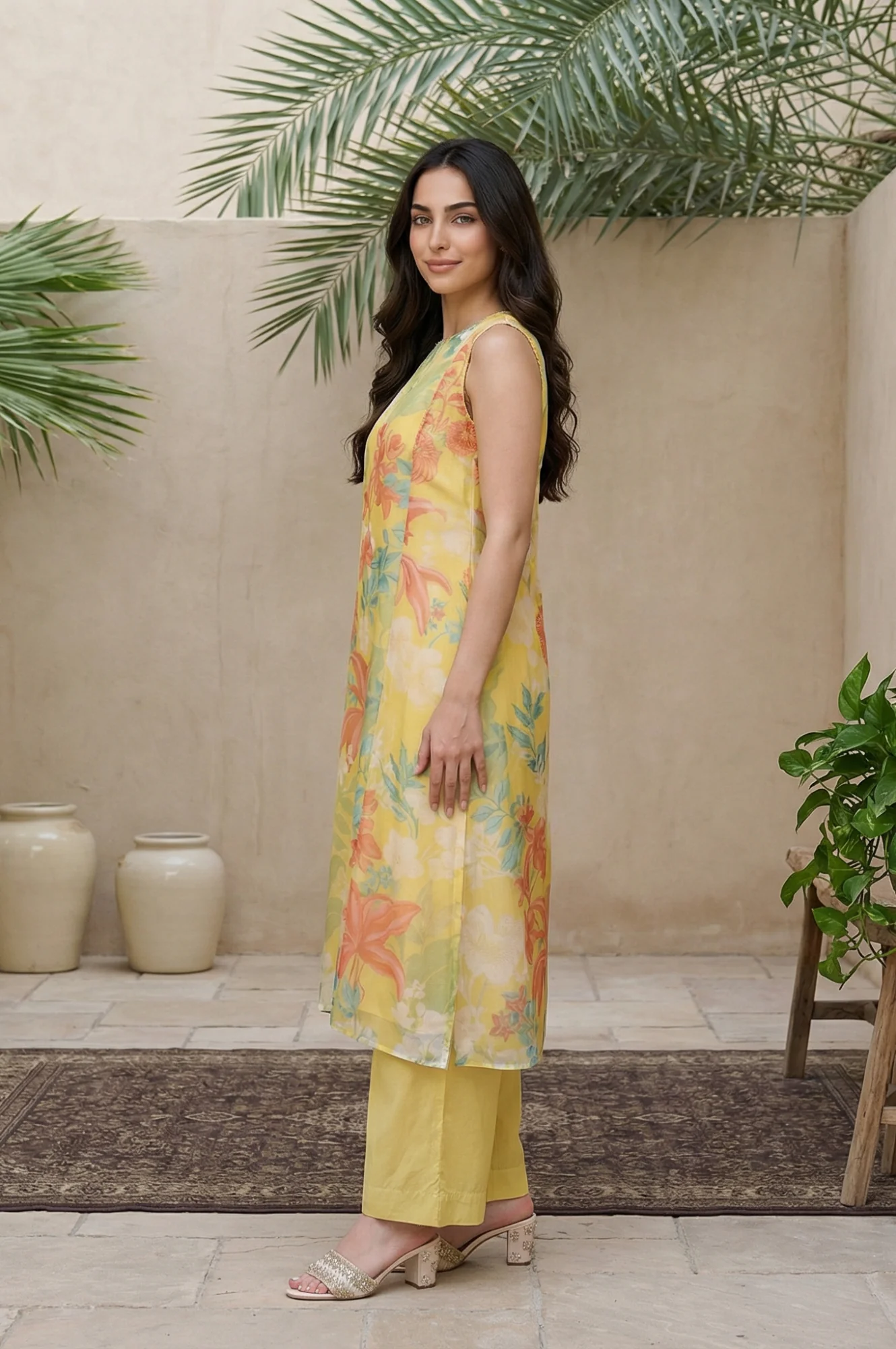 Yellow Floral Printed Straight Kurta with Flared Pant and Dupatta Set - Image 3