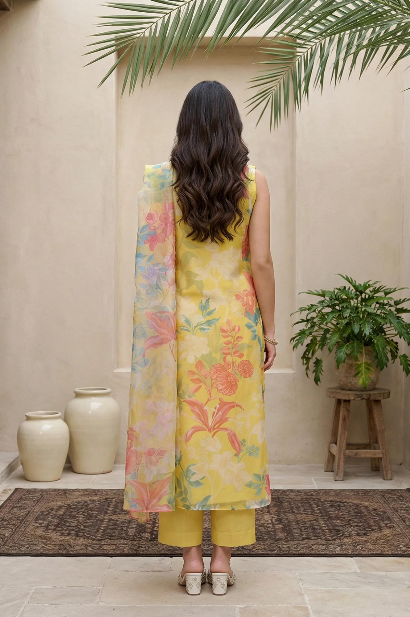 Yellow Floral Printed Straight Kurta with Flared Pant and Dupatta Set - Image 4