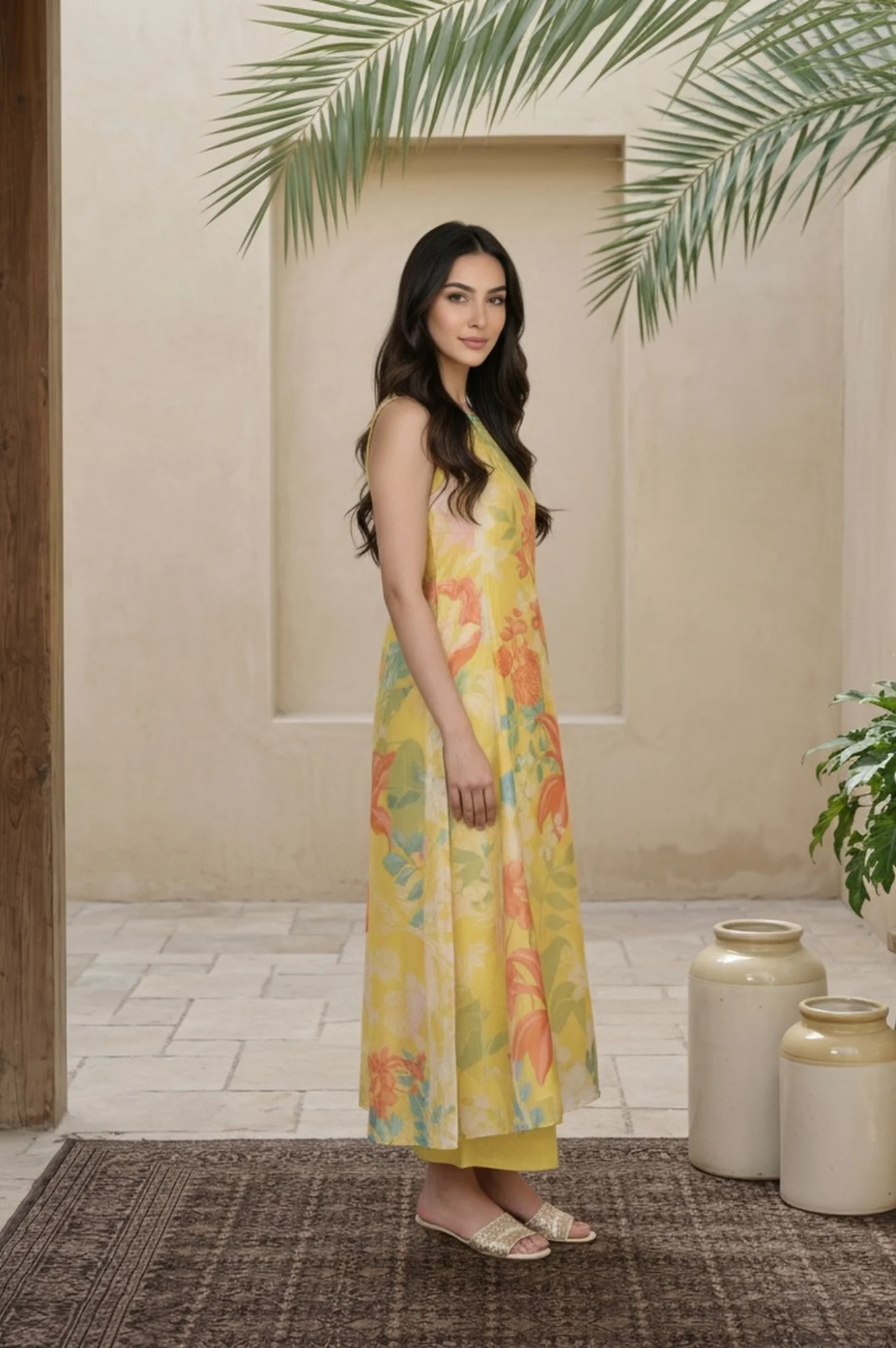 Yellow Floral Printed Straight Kurta with Flared Pant and Dupatta Set - Image 5