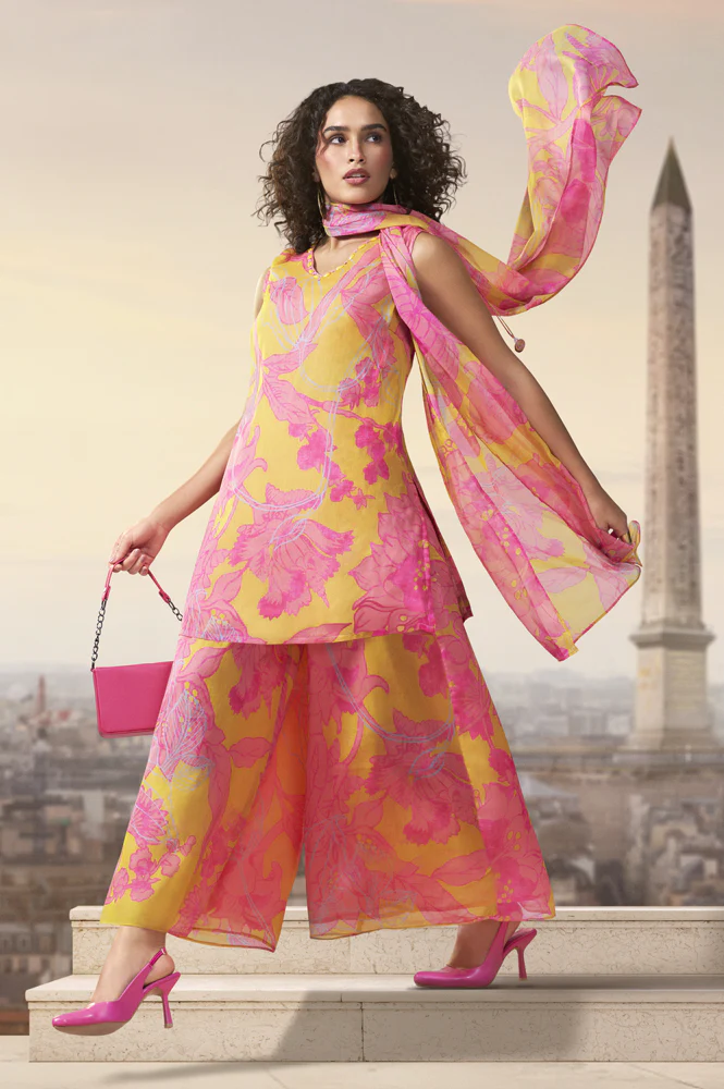 Yellow Floral Printed Tassels Straight Kurta with Flared Pants and Dupatta Set