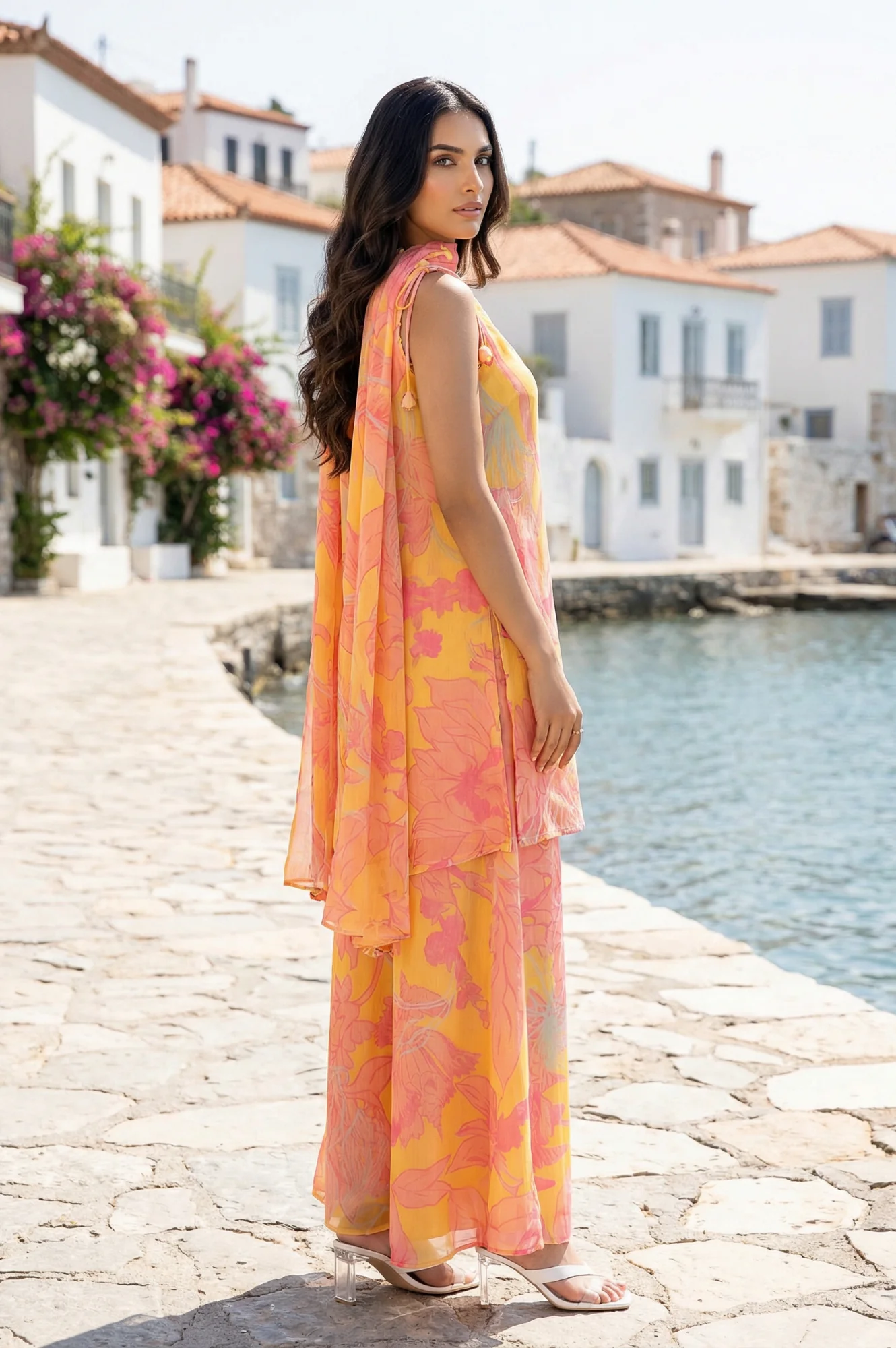 Yellow Floral Printed Tassels Straight Kurta with Flared Pants and Dupatta Set - Image 4