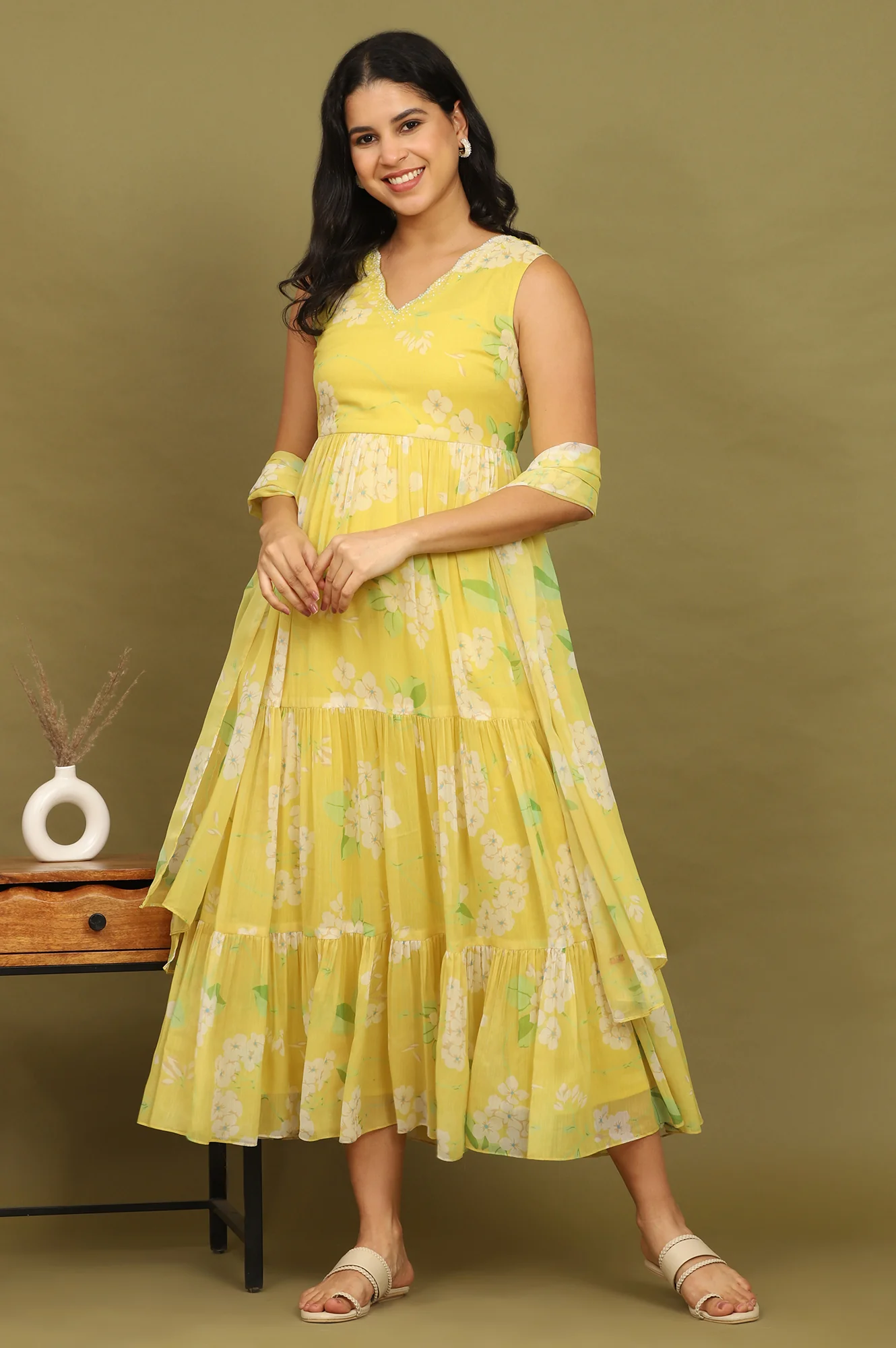 Yellow Floral Printed Tiered Dress and Dupatta Set - Image 2