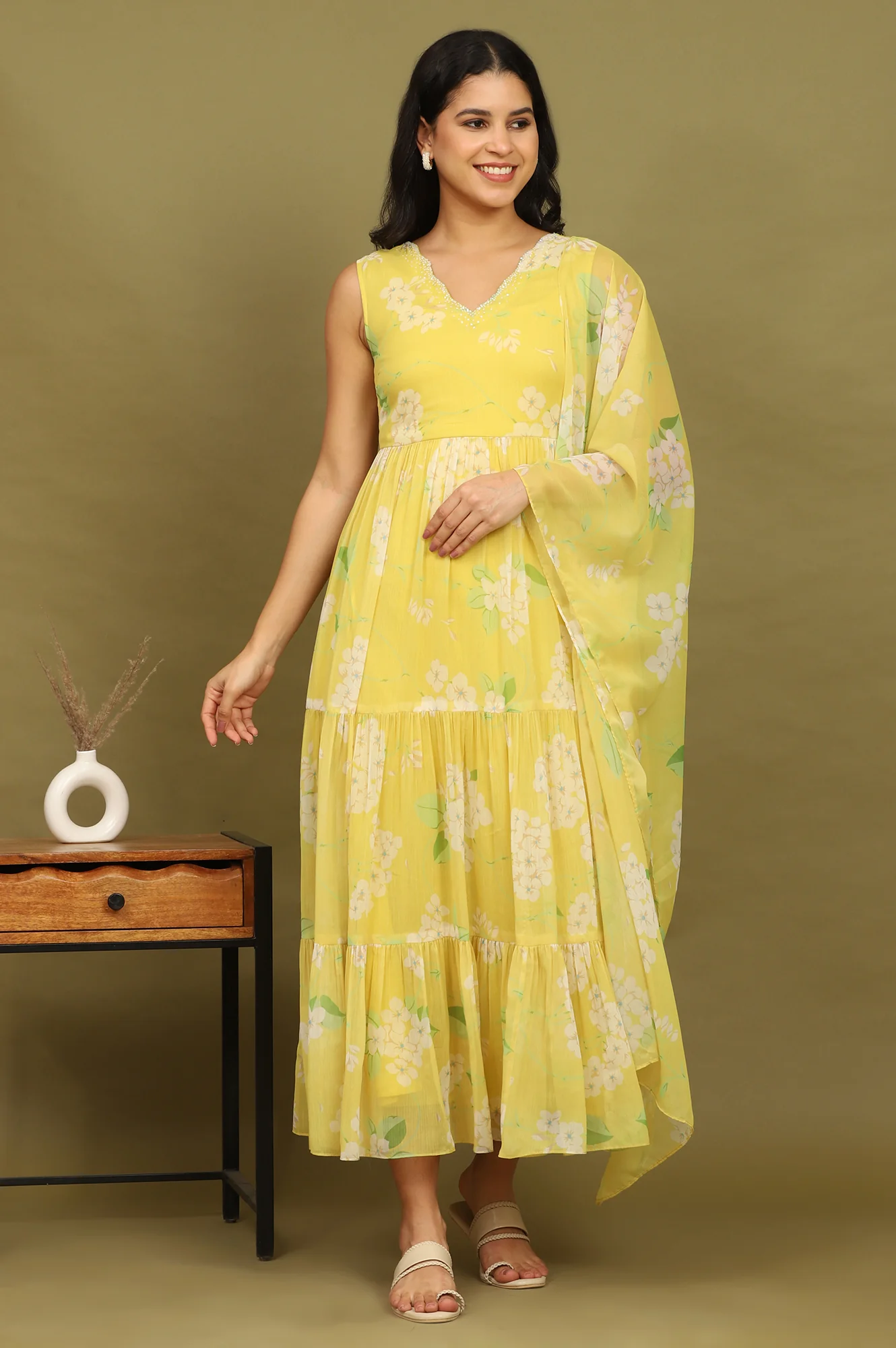 Yellow Floral Printed Tiered Dress and Dupatta Set - Image 3