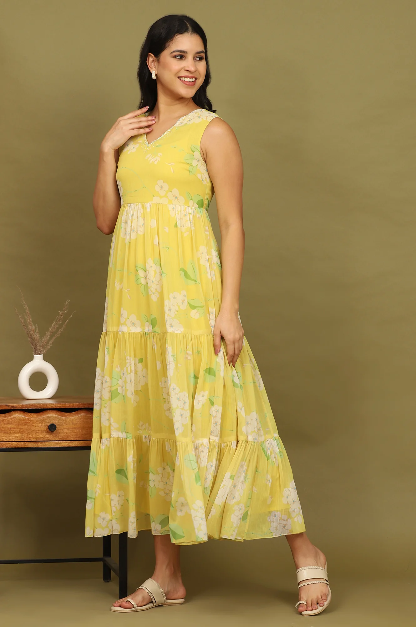 Yellow Floral Printed Tiered Dress and Dupatta Set - Image 5