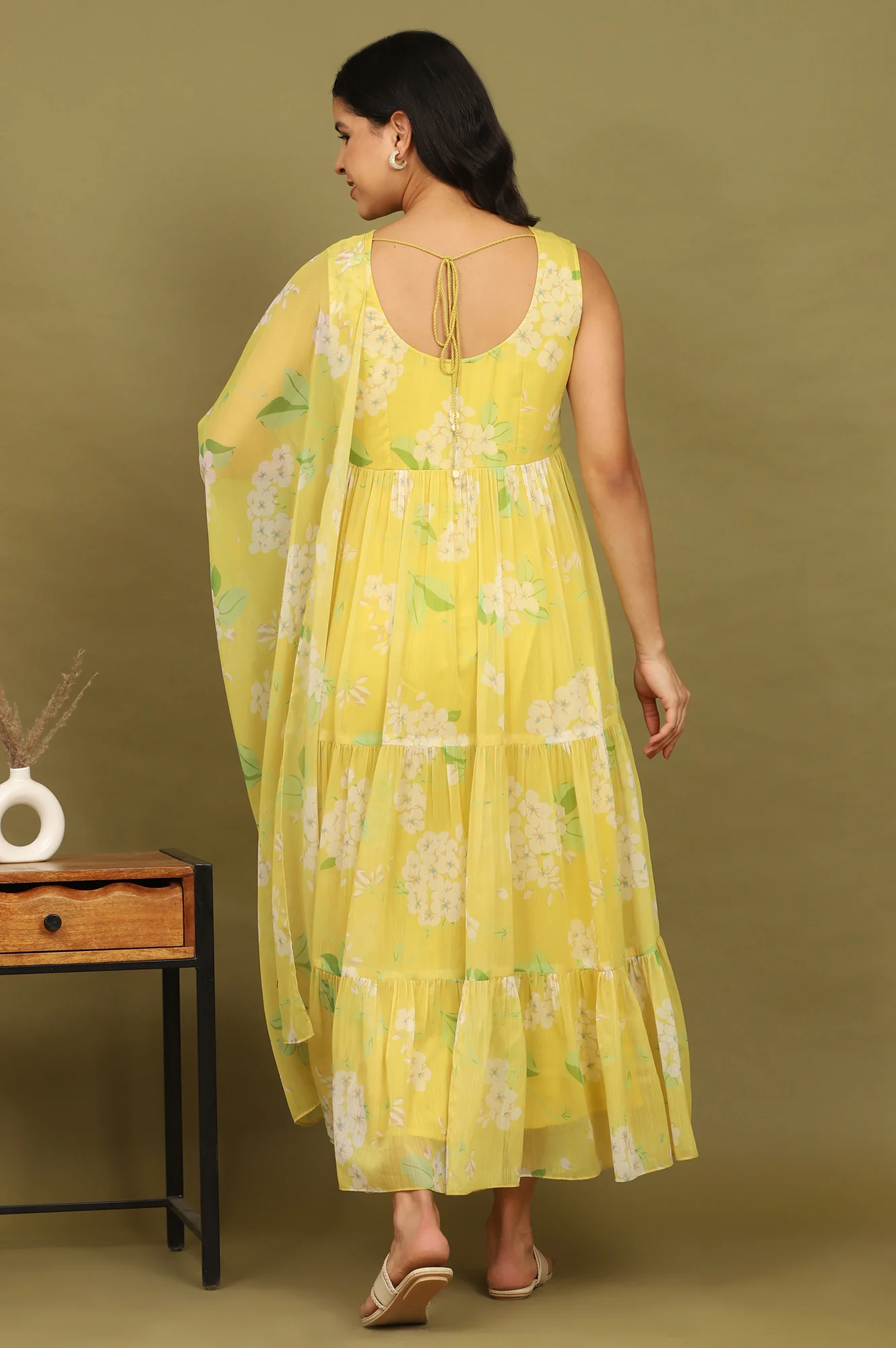 Yellow Floral Printed Tiered Dress and Dupatta Set - Image 6