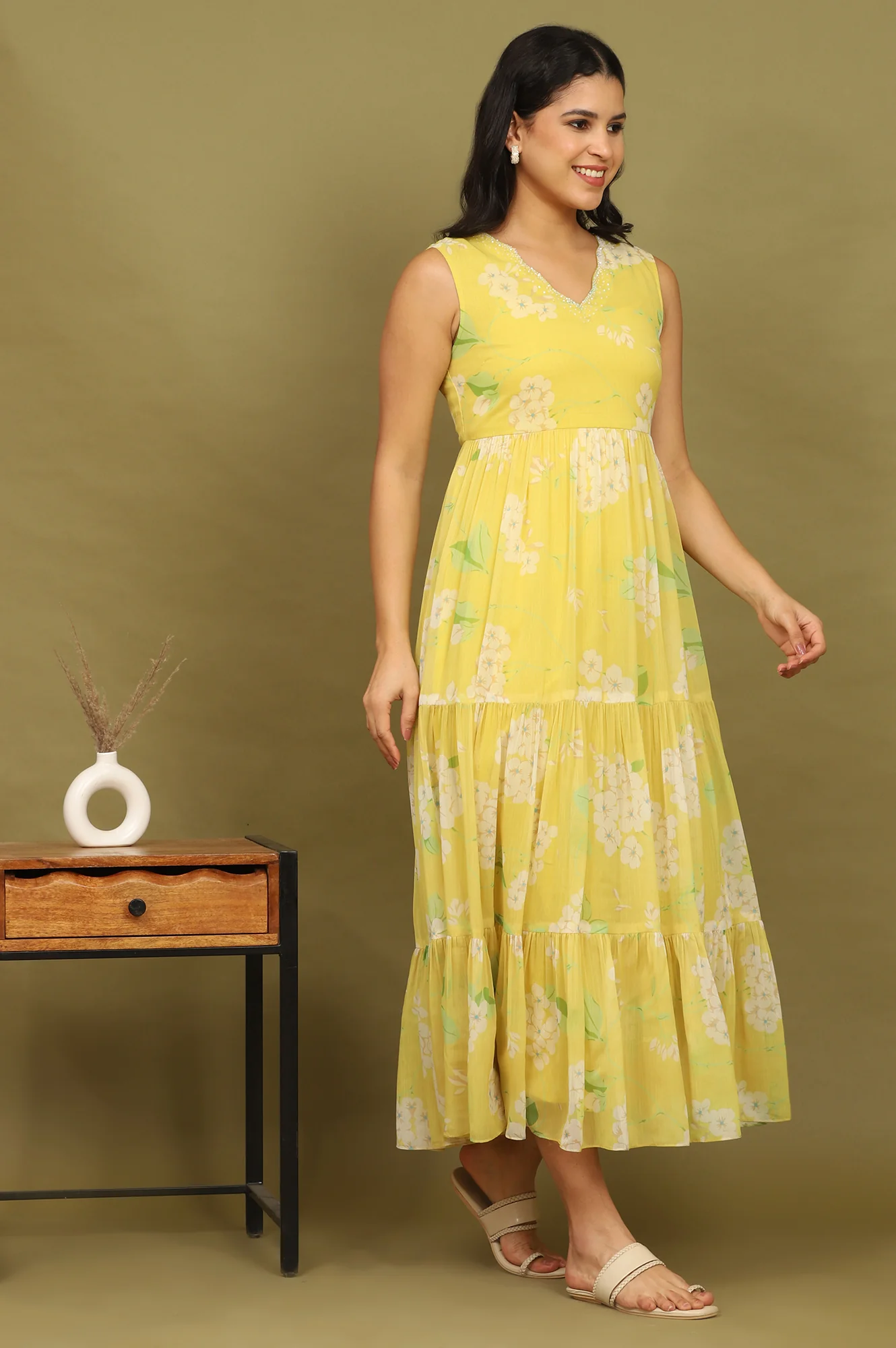 Yellow Floral Printed Tiered Dress and Dupatta Set - Image 7