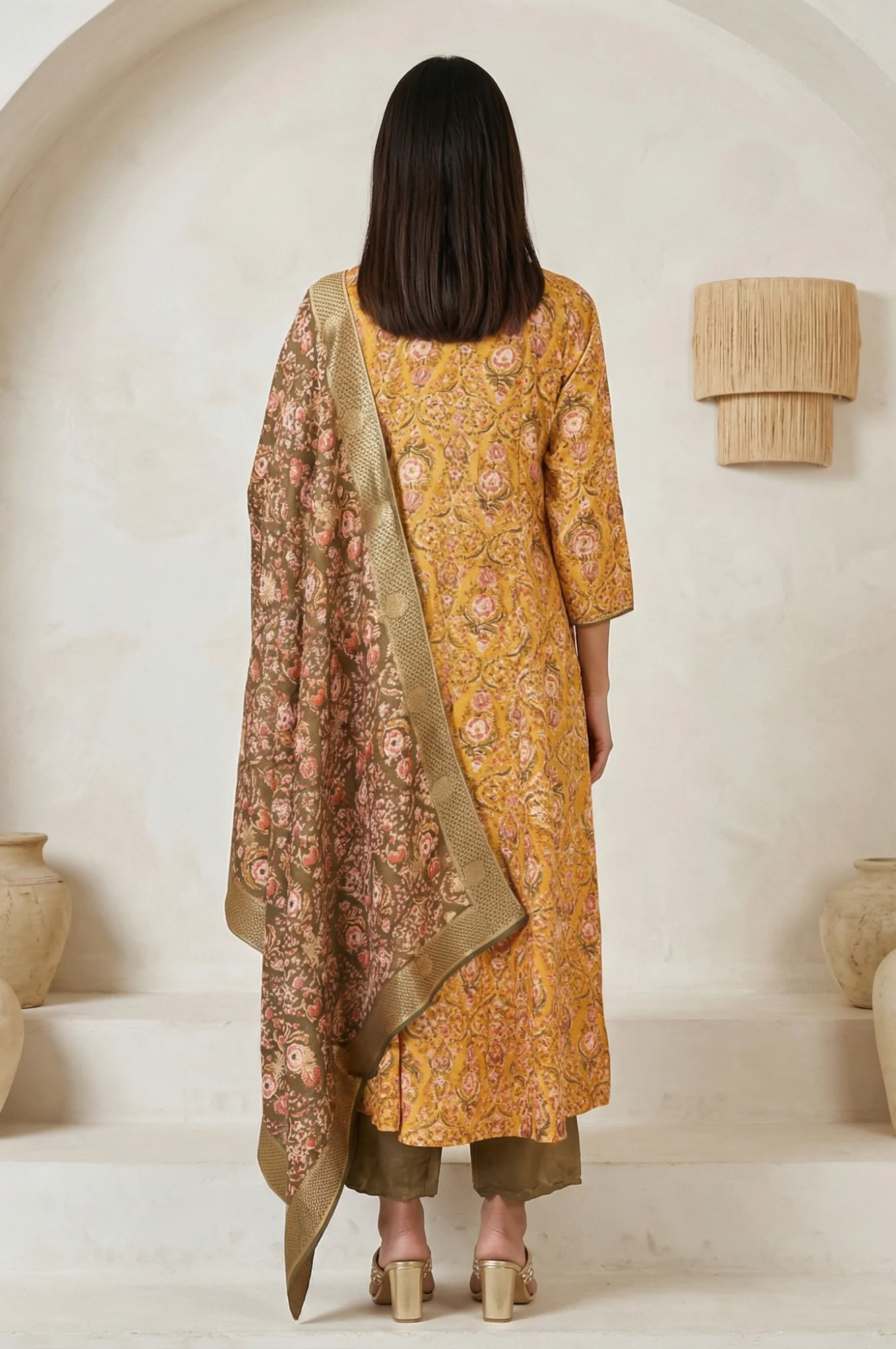 Yellow Floral Printed Zari Work Shantung Straight Kurta with Pants and Dupatta Set - Image 4
