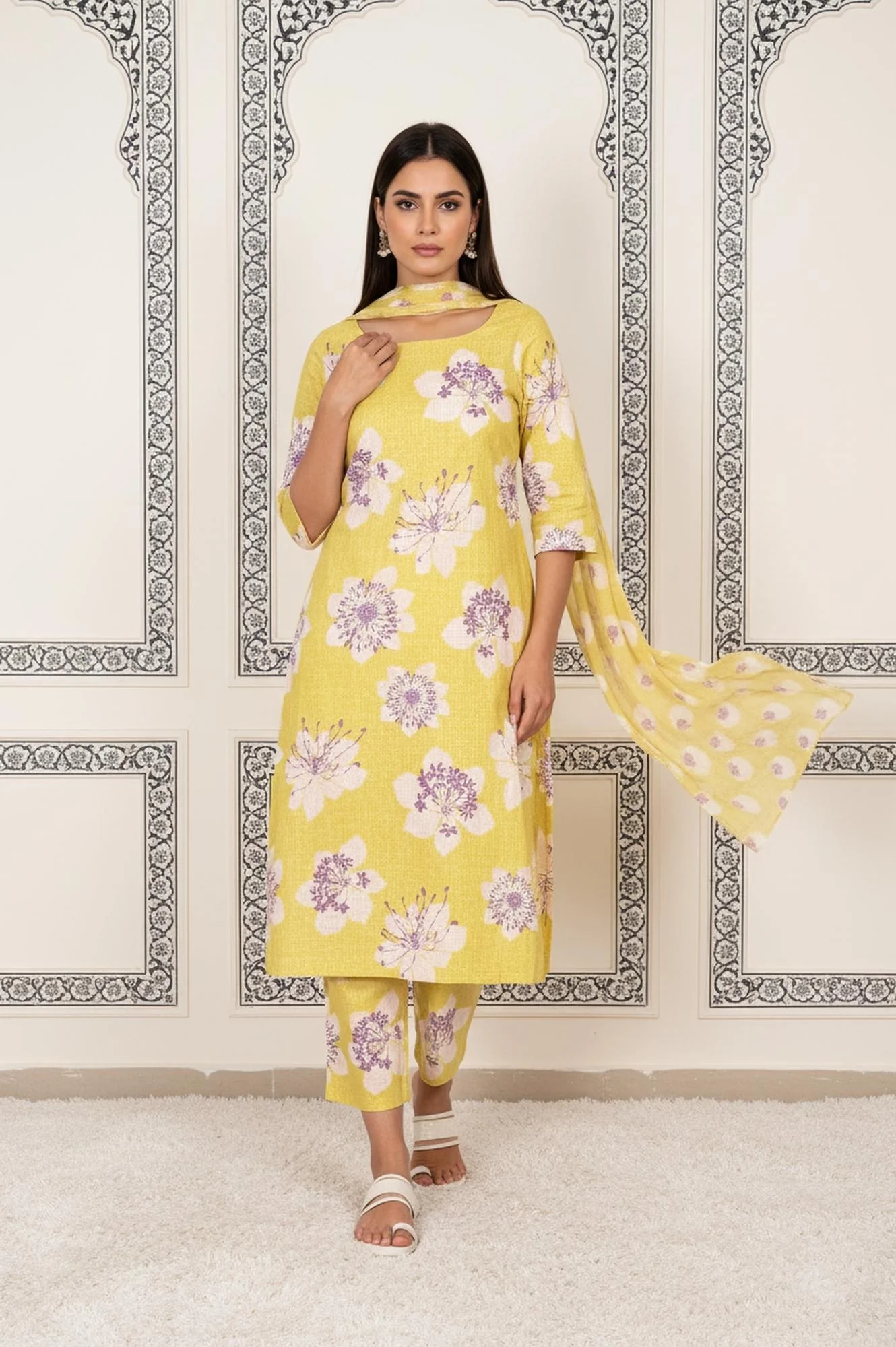 Yellow Floral Printed Straight Cotton Kurta with Straight Pant and Dupatta Set - Image 2