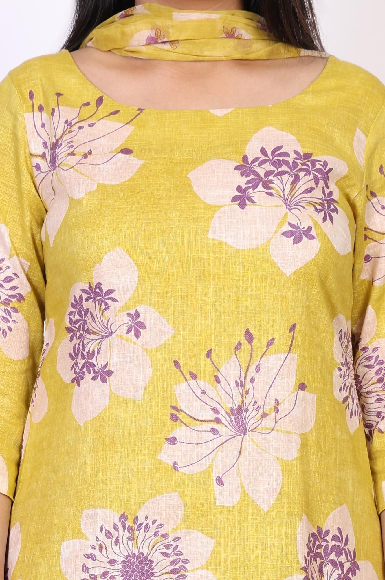 Yellow Floral Printed Straight Cotton Kurta with Straight Pant and Dupatta Set - Image 3