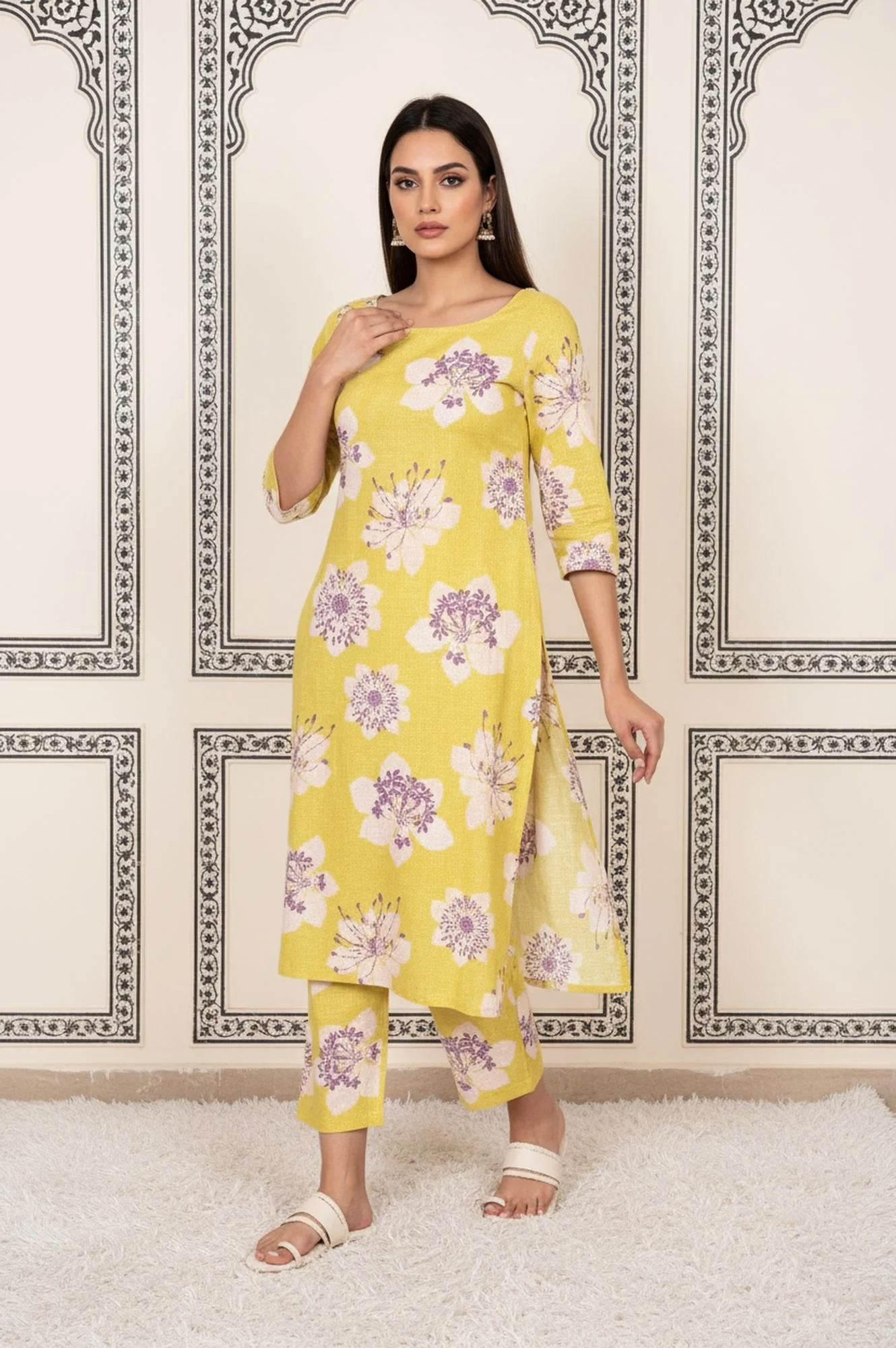 Yellow Floral Printed Straight Cotton Kurta with Straight Pant and Dupatta Set - Image 4