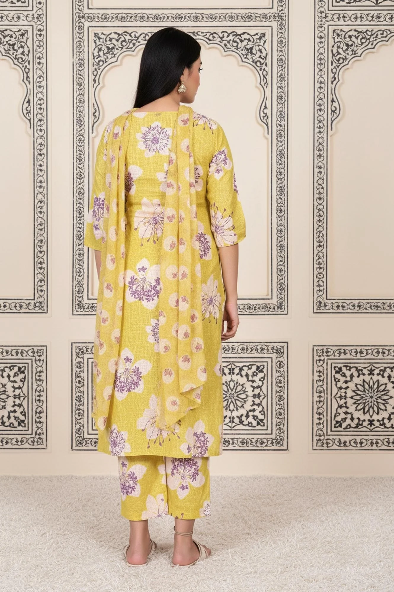Yellow Floral Printed Straight Cotton Kurta with Straight Pant and Dupatta Set - Image 5