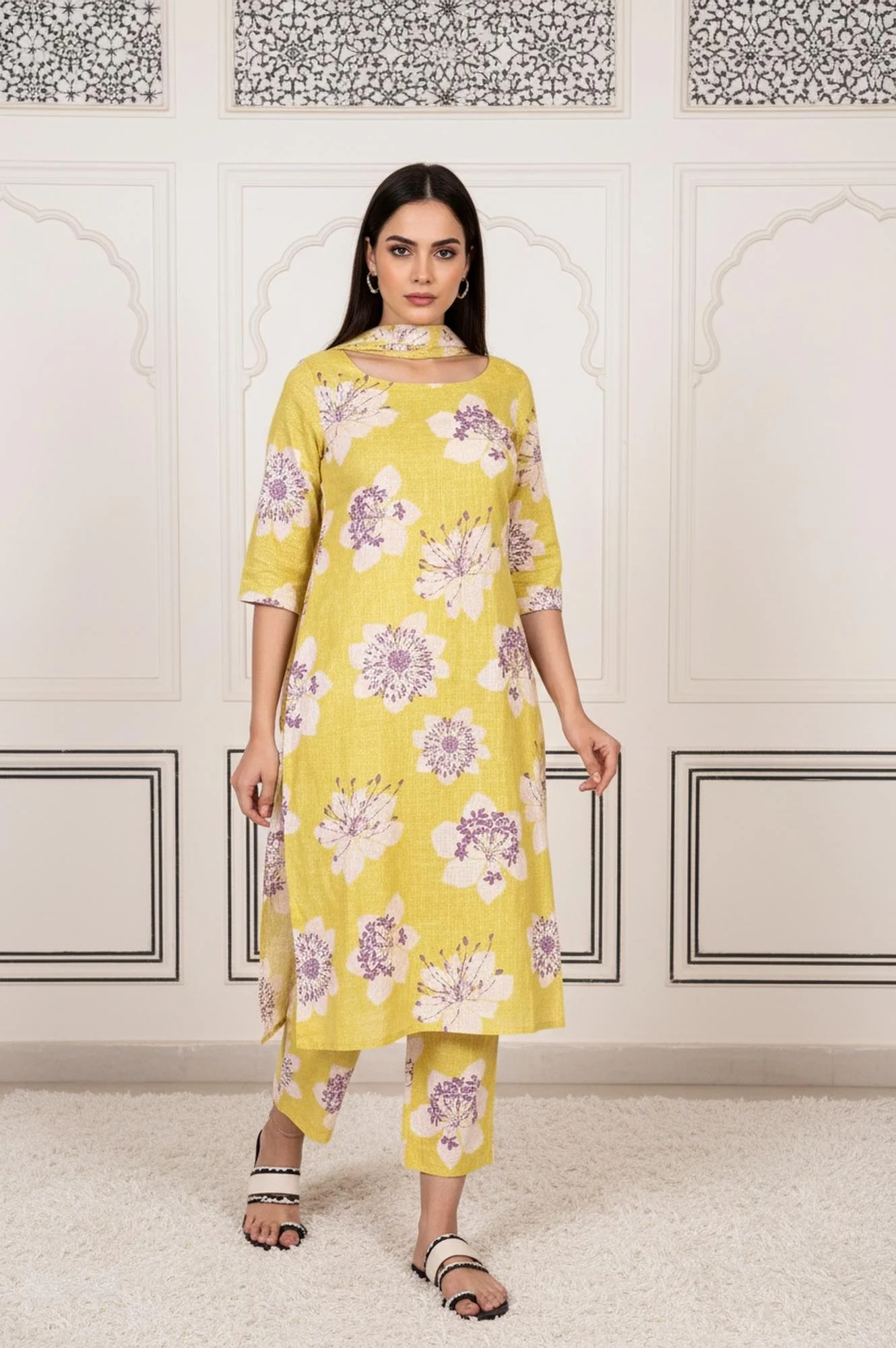 Yellow Floral Printed Straight Cotton Kurta with Straight Pant and Dupatta Set - Image 6