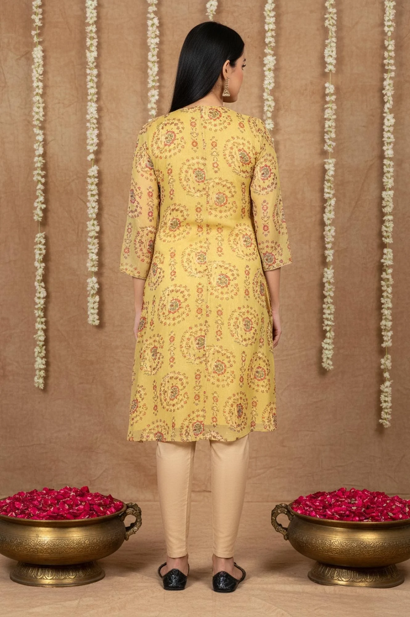 Yellow Floral Thread Work A-Line Chiffon Kurta - Image 5