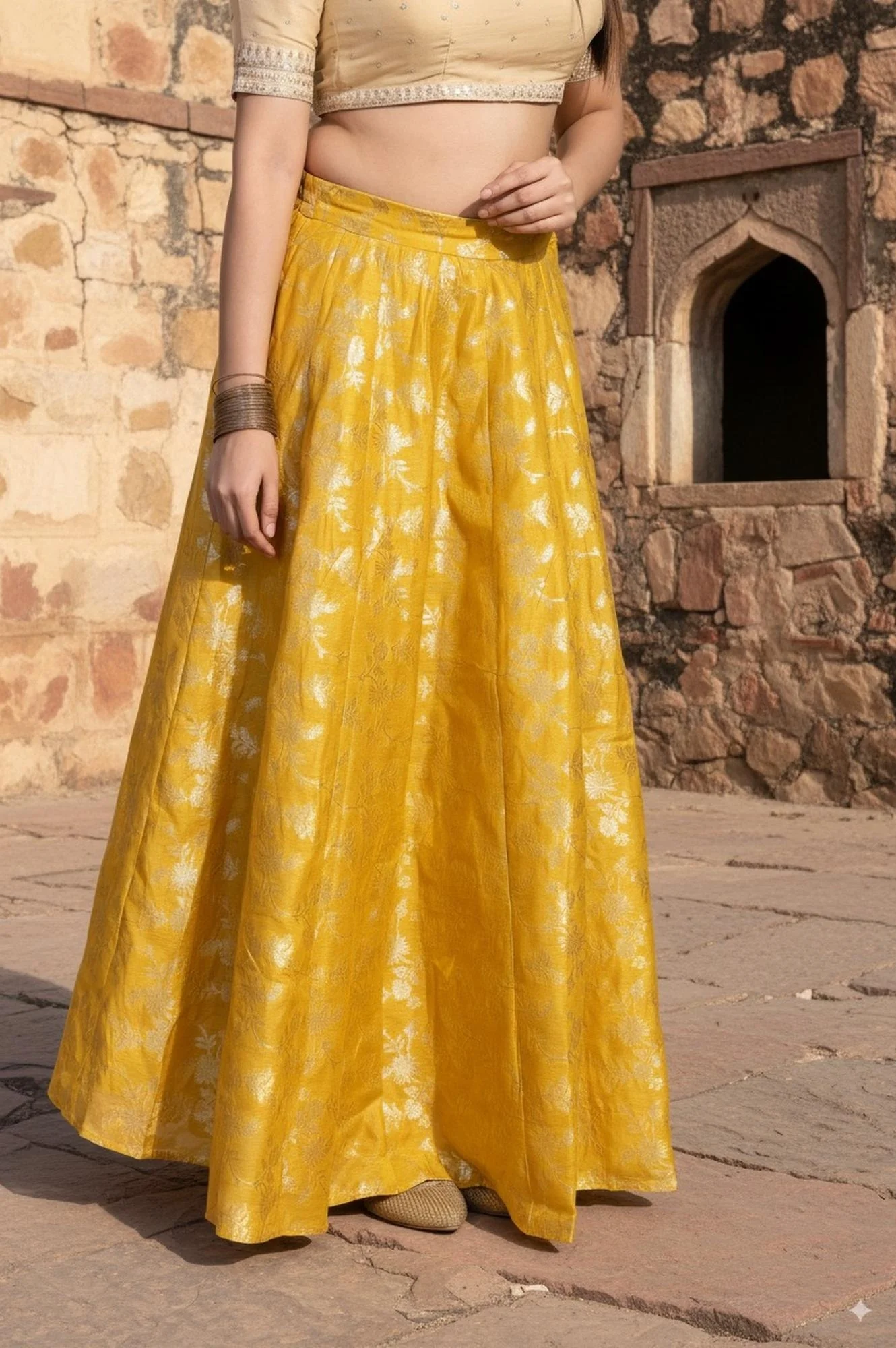 Yellow Floral Thread Work Flared Jacquard Skirt - Image 5